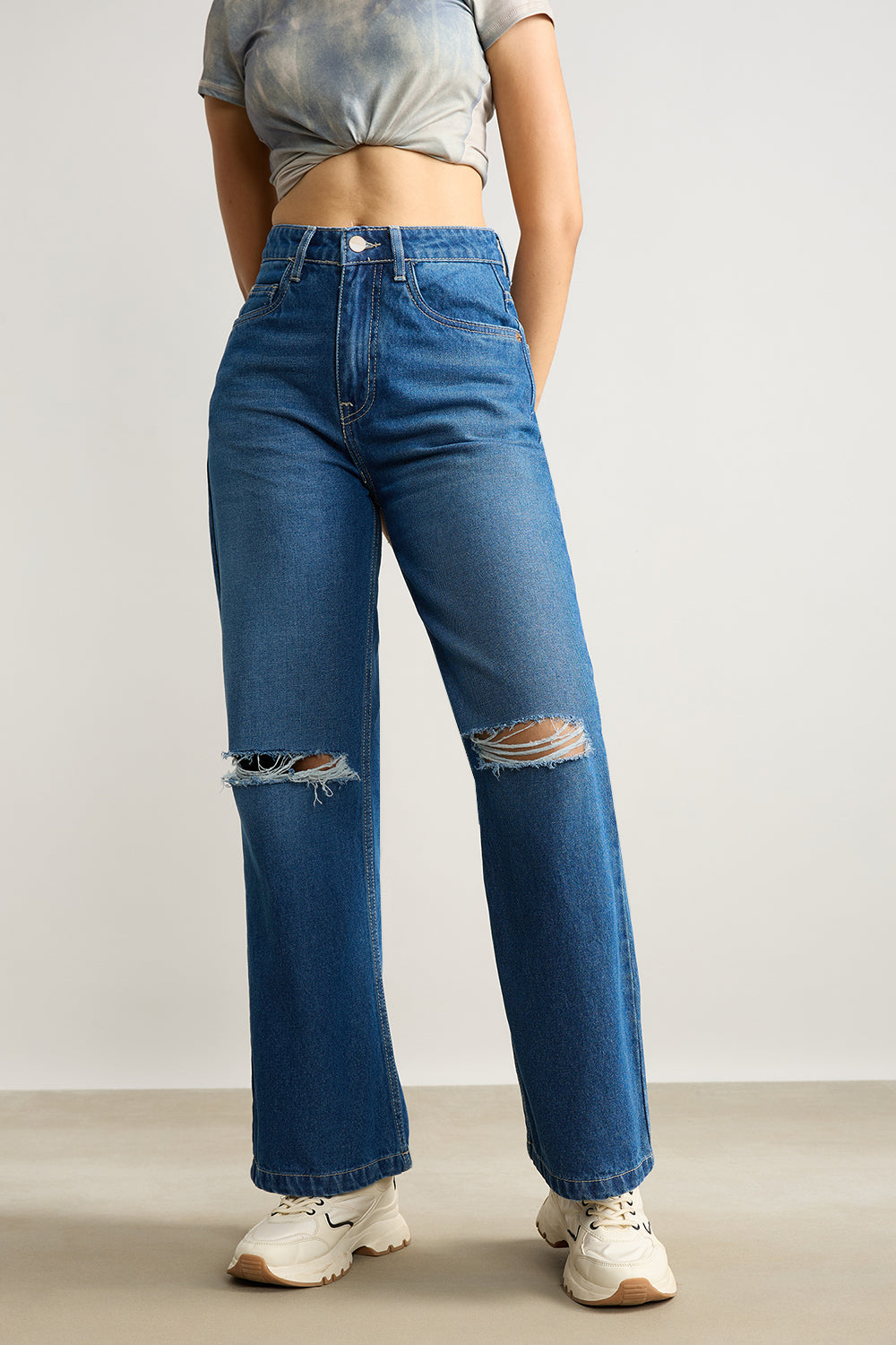 Clean Blue Distress Women's Wide Jeans