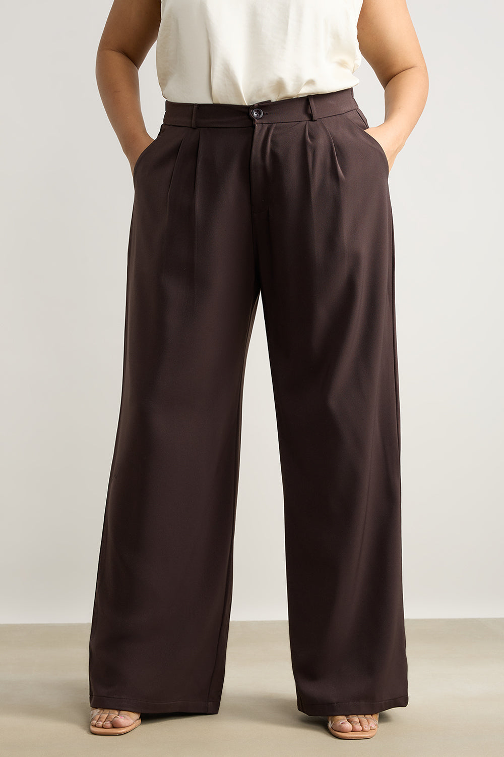 Women's curve pleated dark brown korean pant