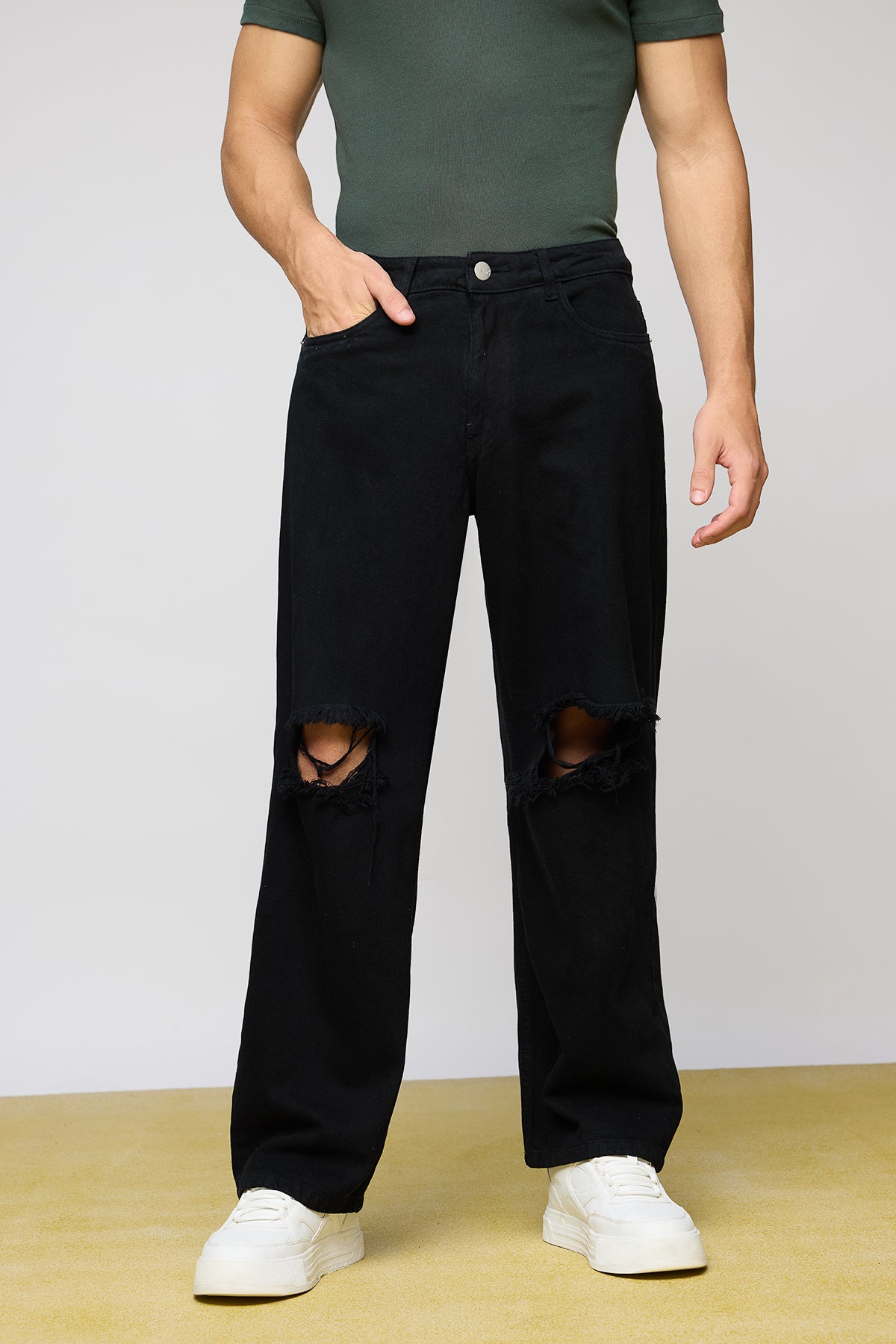 Edgy Black Ripped Men's Wide-Leg Jeans