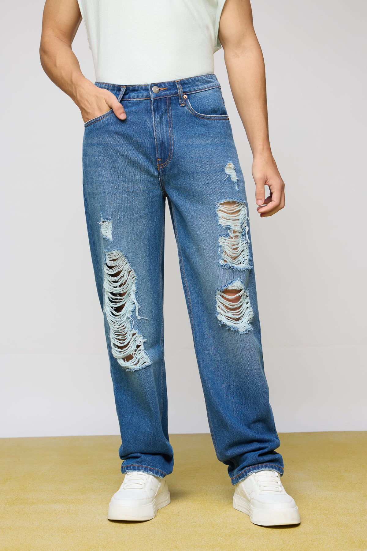 Blue Raw Distressed Men s Slouchy Jeans