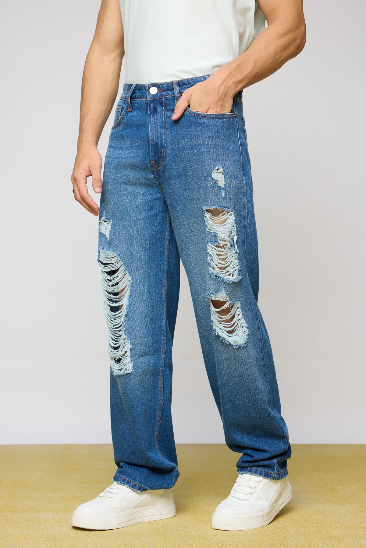 Blue Raw Distressed Men's Slouchy Jeans