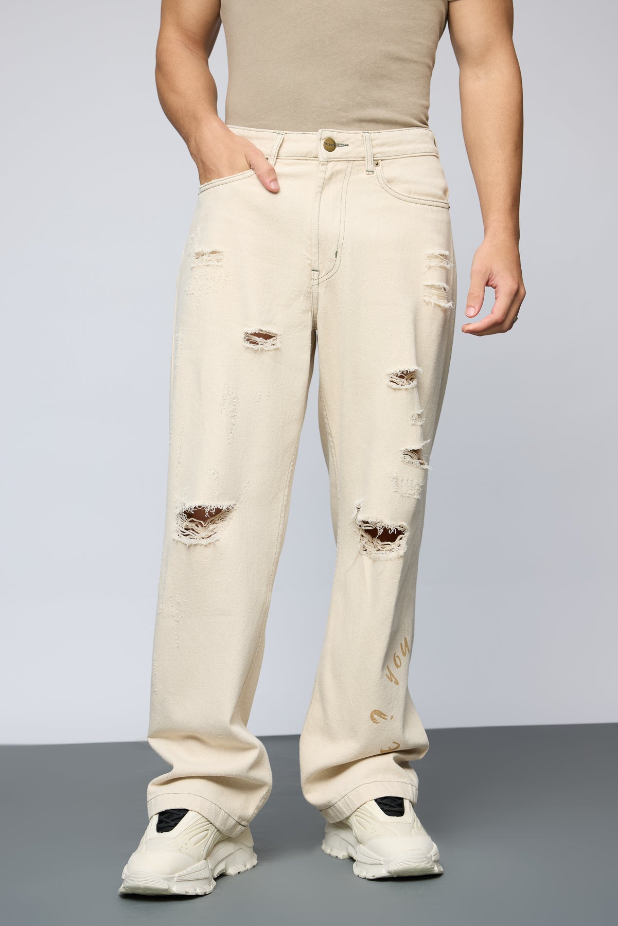 Ecru Escape Distressed Men's Straight Jeans