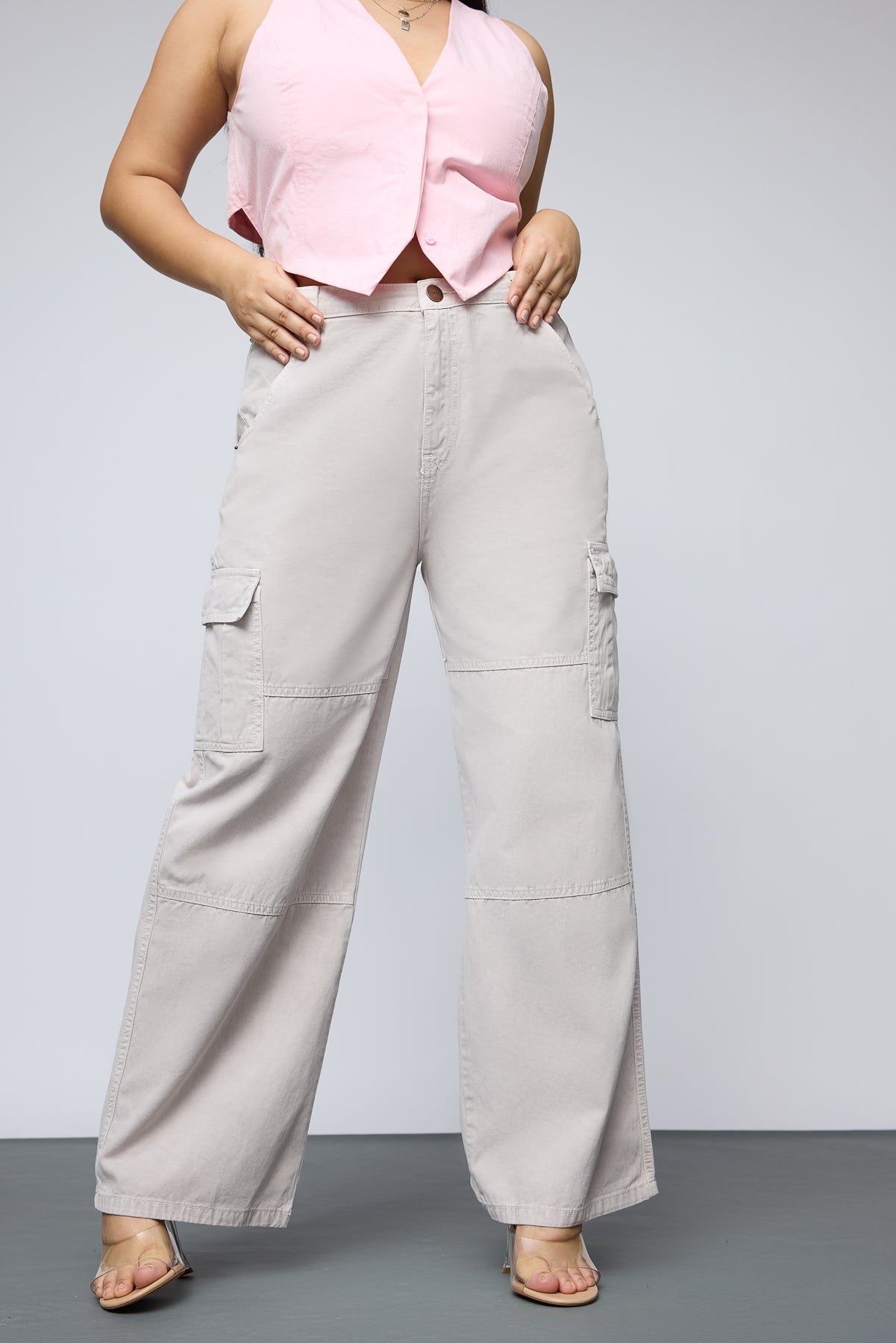 Bohemian Beige Curve Straight Cargo Jeans