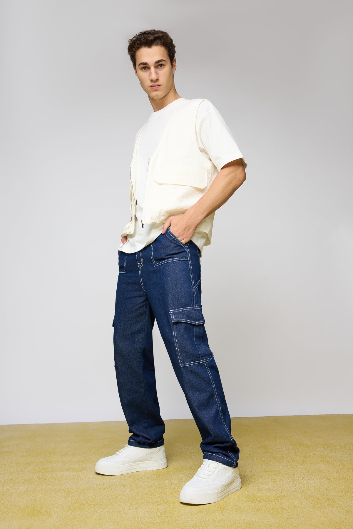 Storm Blue Elasticated Men’s Straight Cargo Jeans
