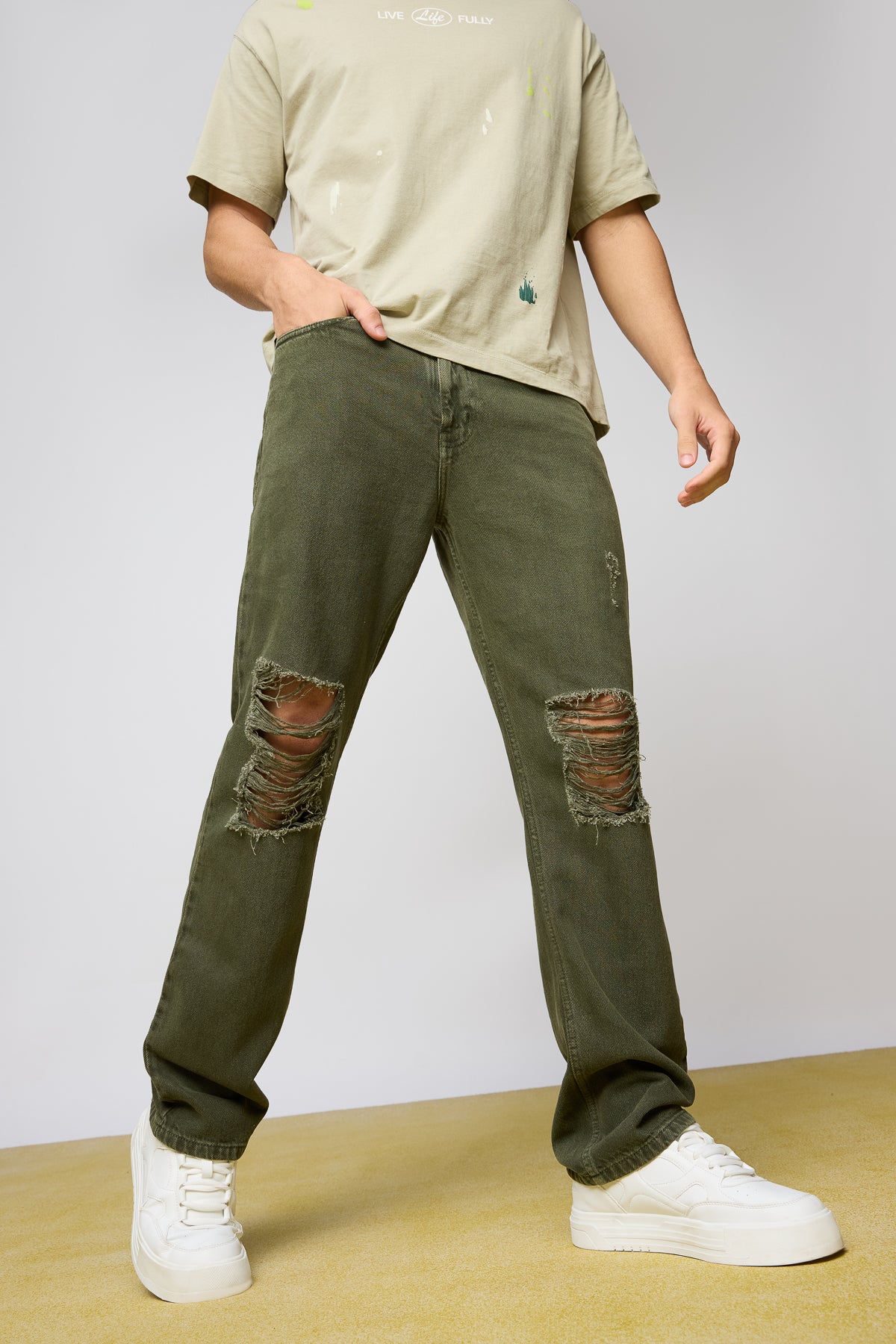 Olive Nomad Distressed Men's Straight Leg Jeans