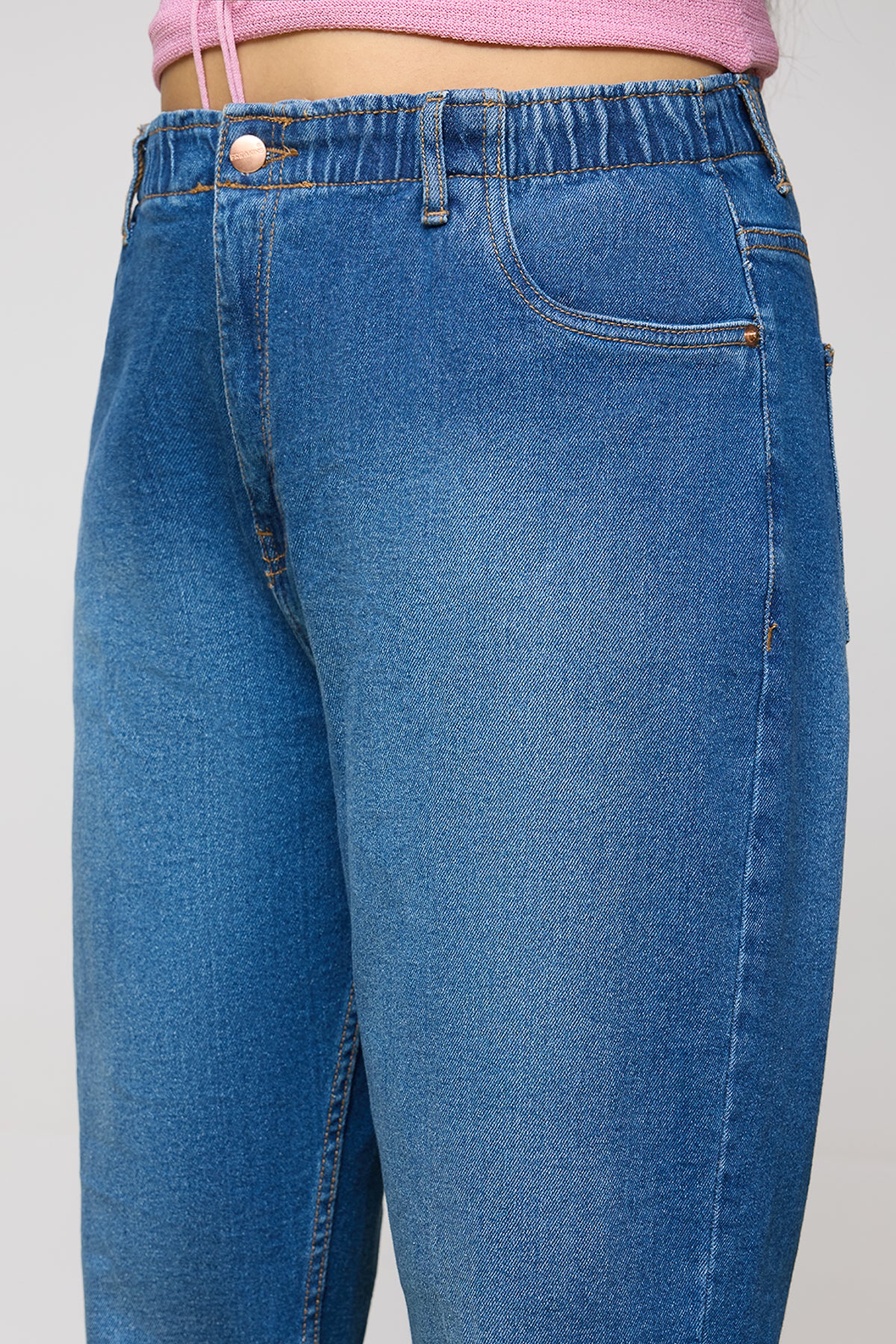 Mid Blue Leisure Elasticated Curve Mom Fit Jeans