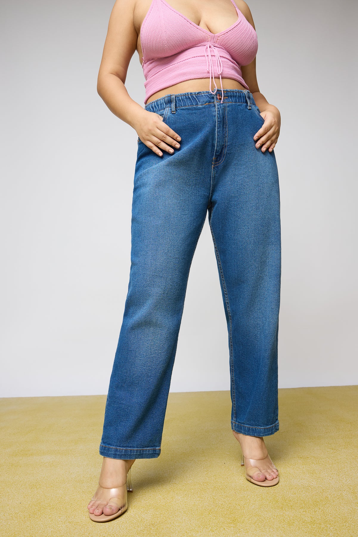 Mid Blue Leisure Elasticated Curve Mom Fit Jeans