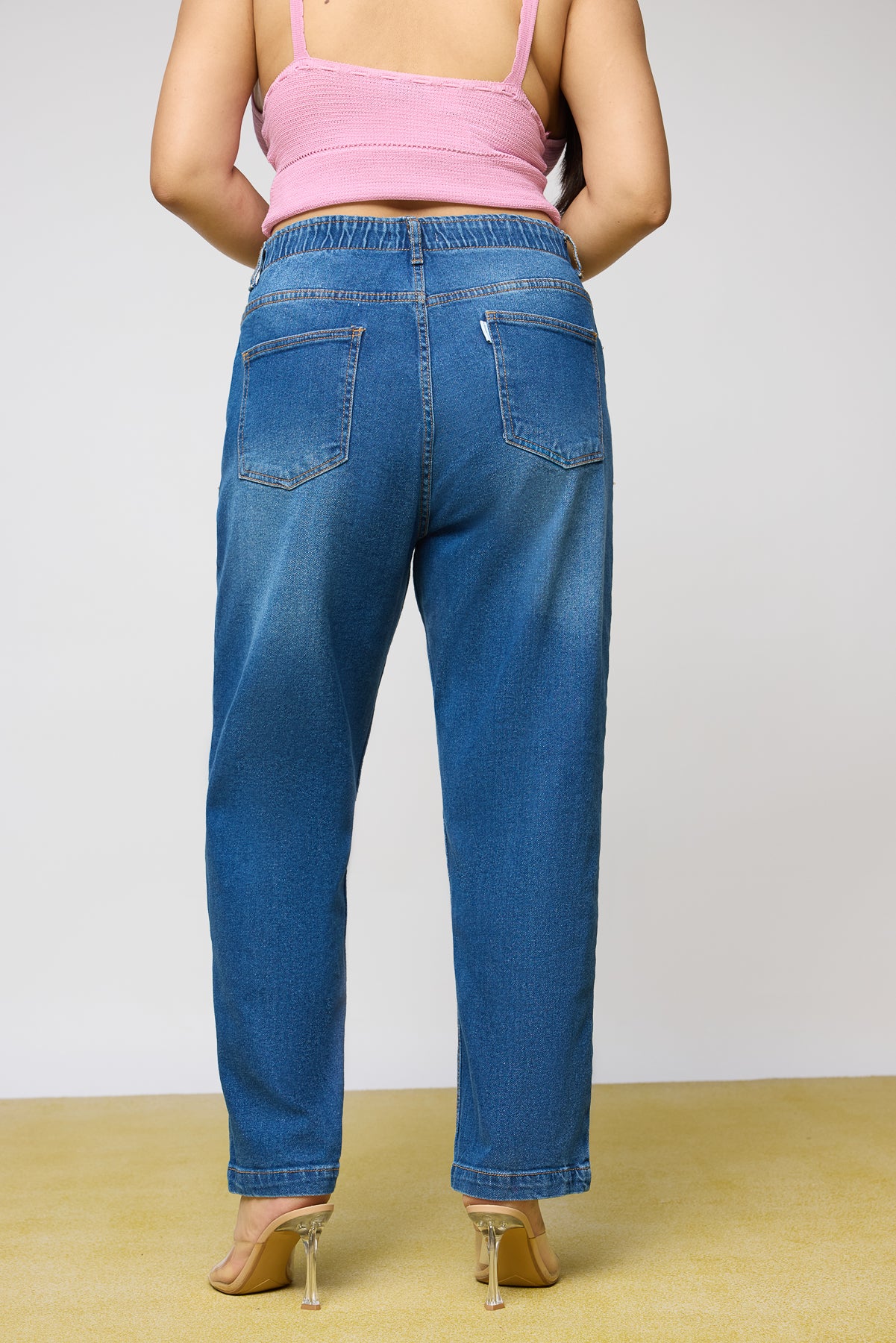 Mid Blue Leisure Elasticated Curve Mom Fit Jeans