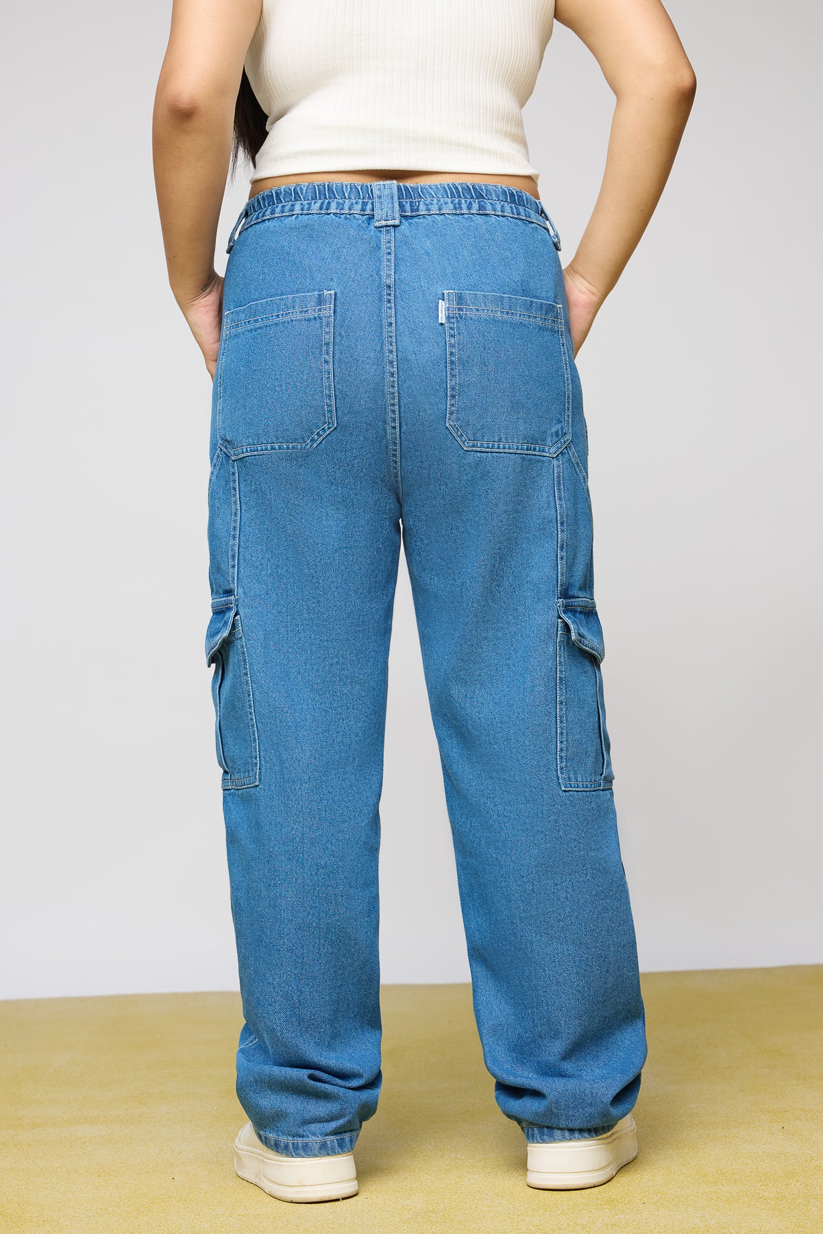 Mid Blue Utility Curve Straight Fit Cargo Jeans