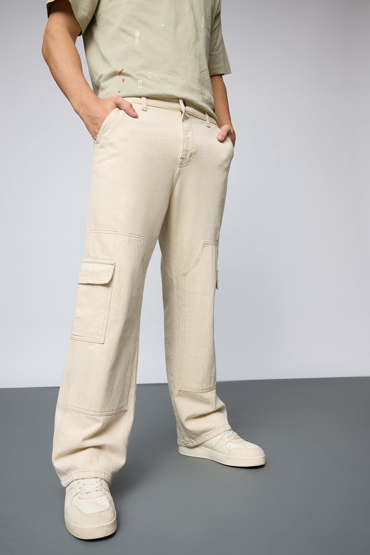 Urban Ecru Utility Men's Straight Cargo Jeans