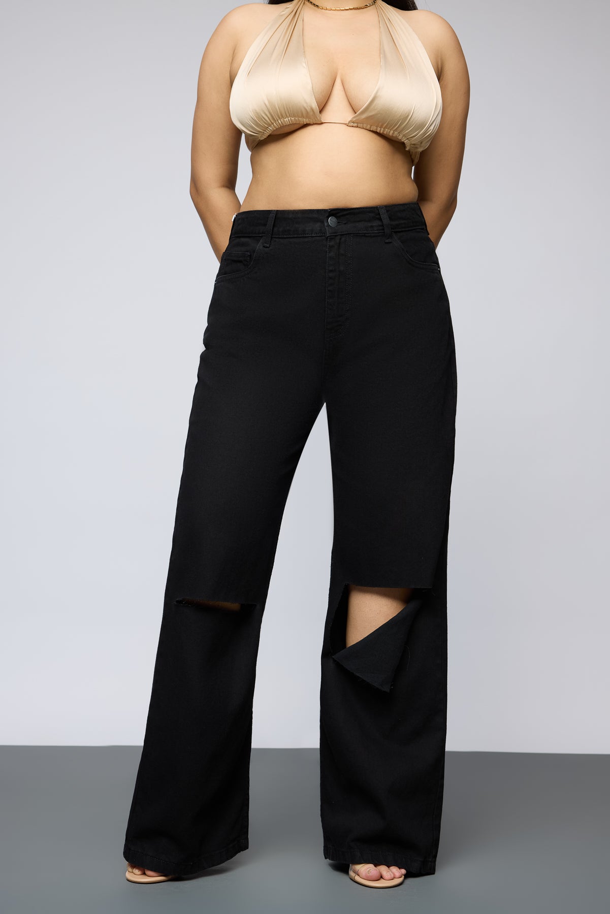 Ultra Black Knee Distressed Curve Wide Leg Jeans