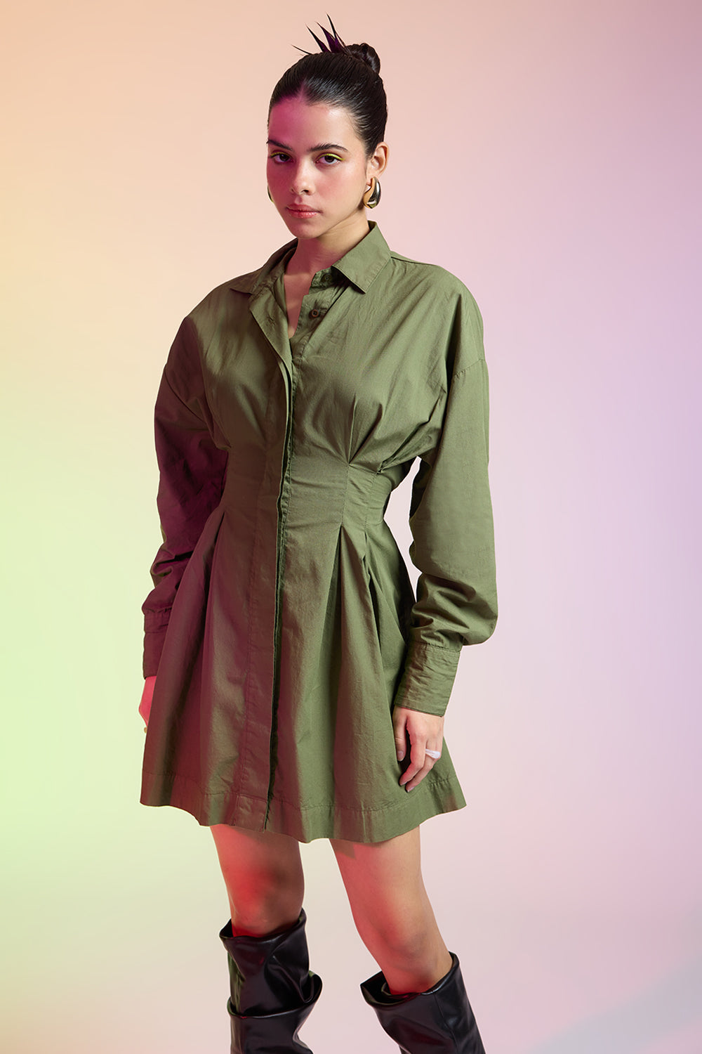 Olive Green Cotton Shirt Dress