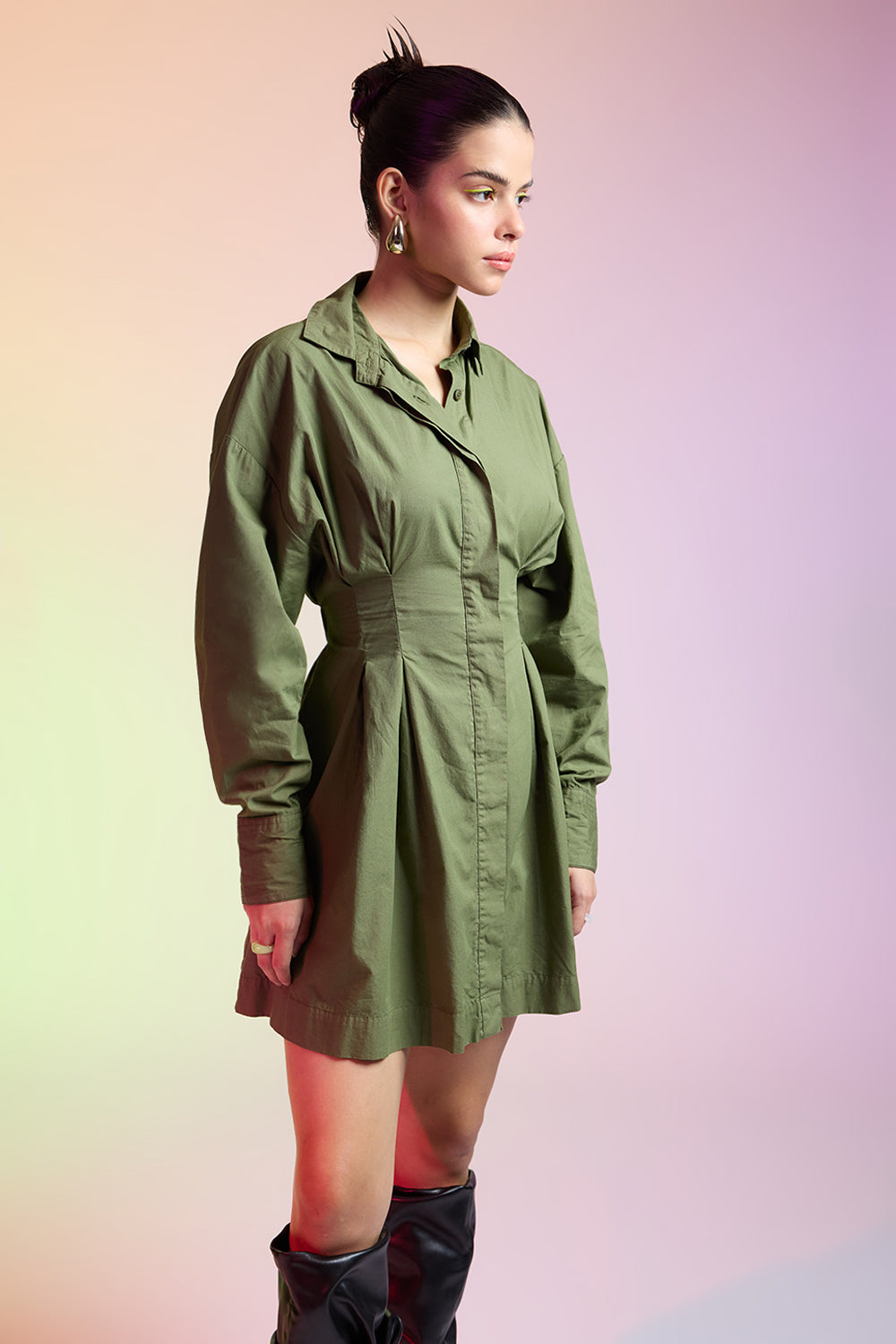 OLIVE GREEN COTTON SHIRT DRESS