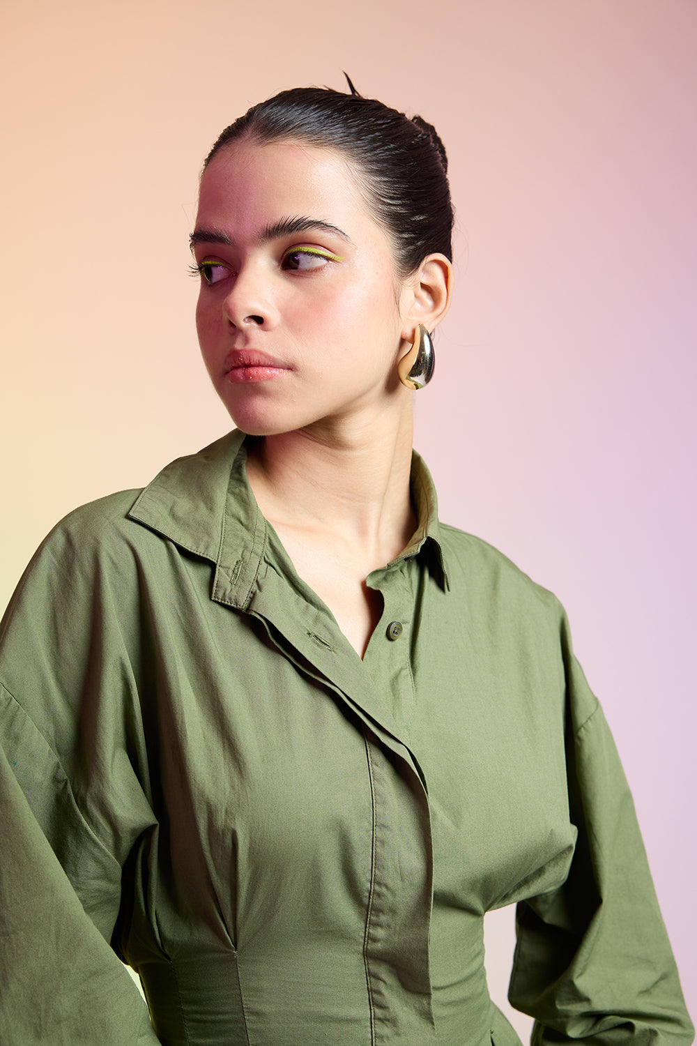 OLIVE GREEN COTTON SHIRT DRESS