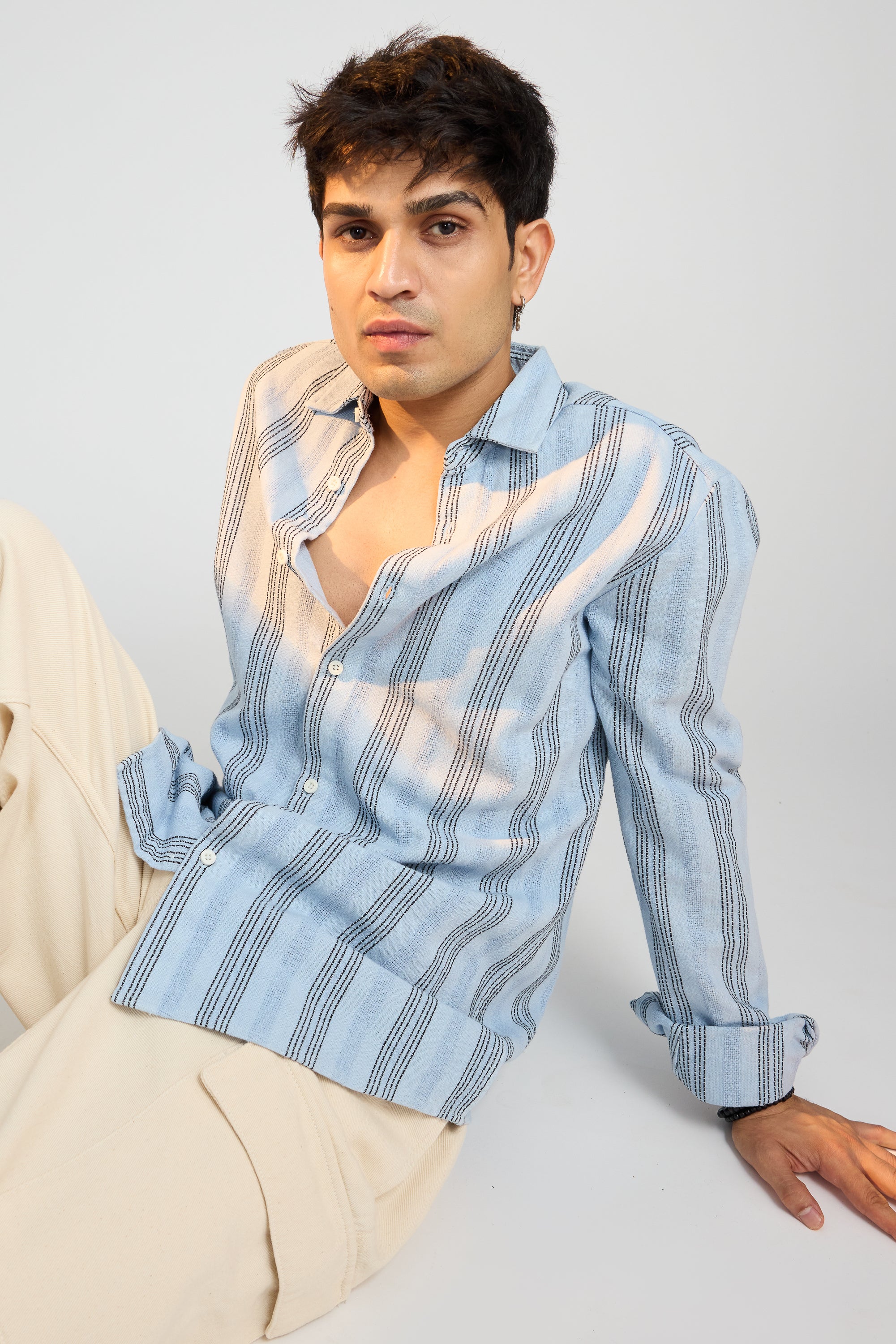 Textured Knit Men's Full Sleeves Shirt-Blue/White Stripes