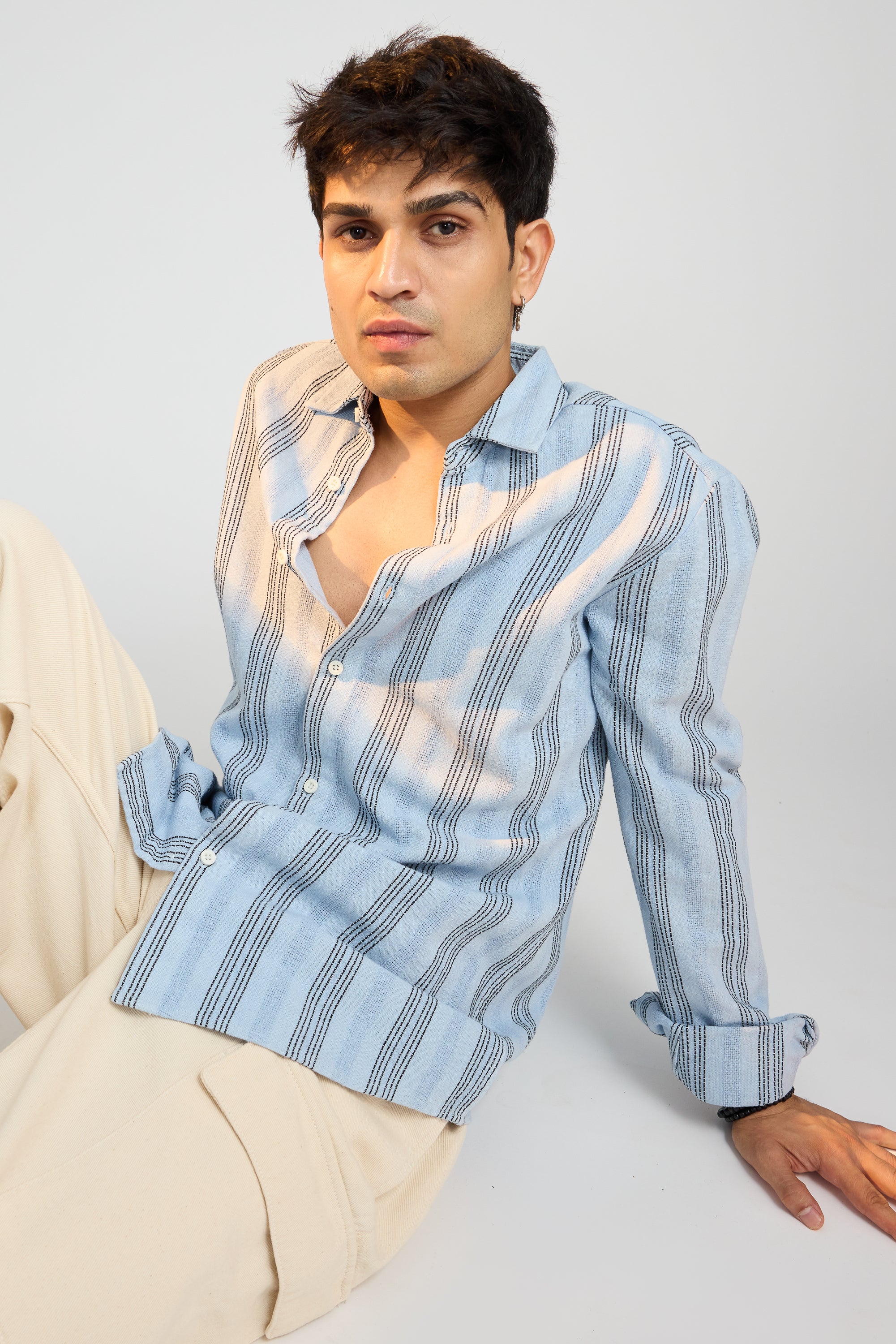 Textured Knit Full Sleeves Shirt-Blue/White Stripes
