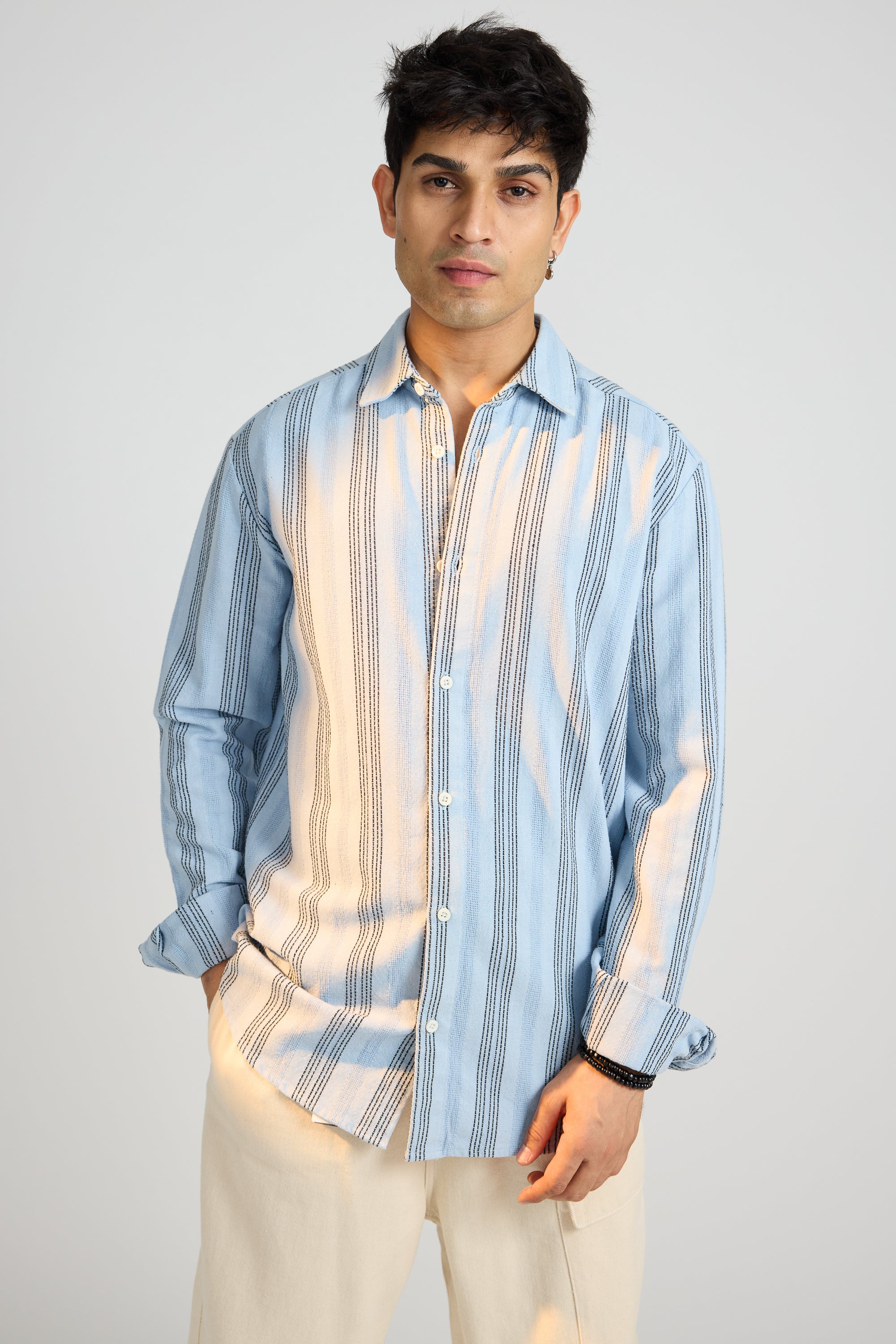 Textured Knit Men's Full Sleeves Shirt-Blue/White Stripes