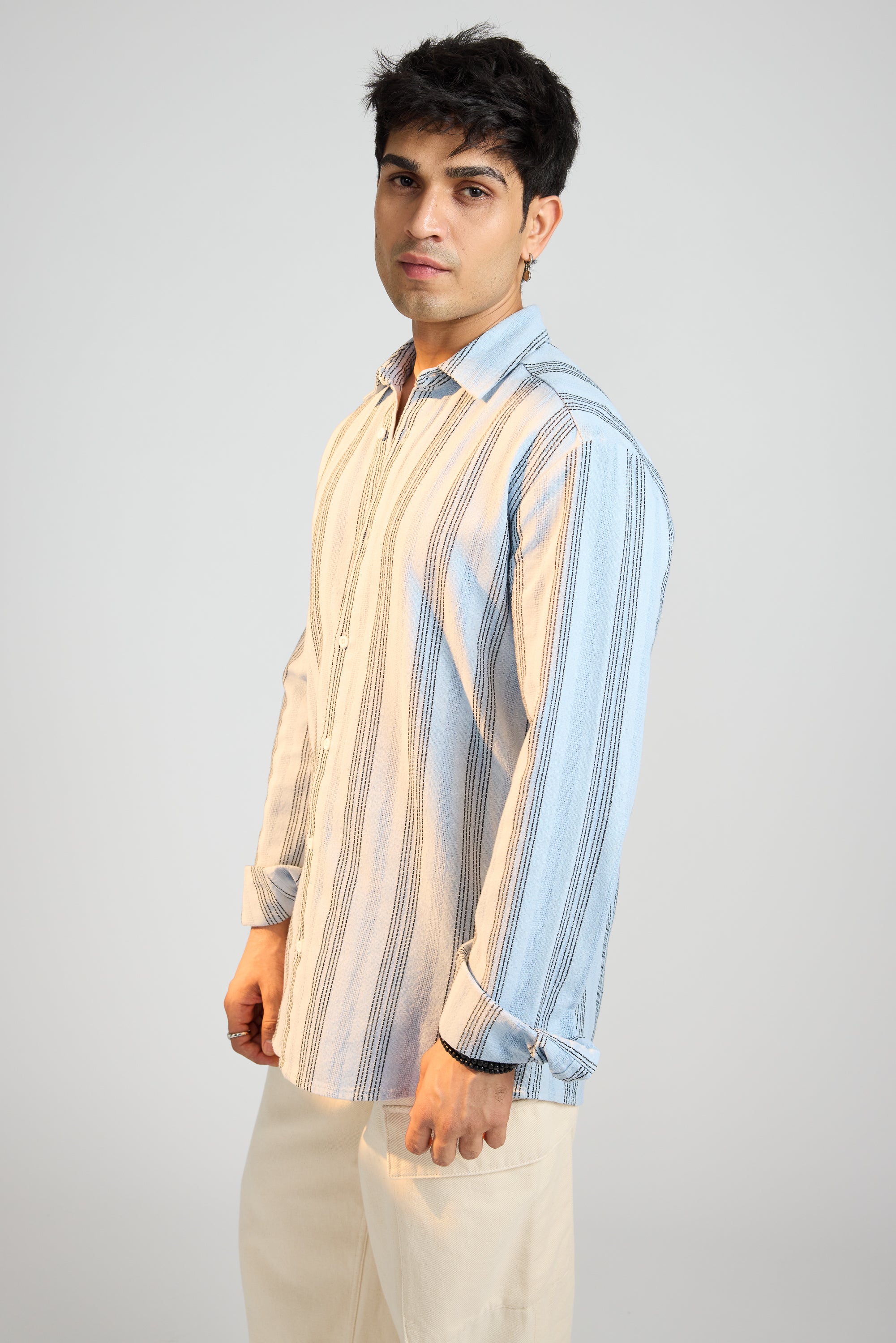 Textured Knit Men's Full Sleeves Shirt-Blue/White Stripes