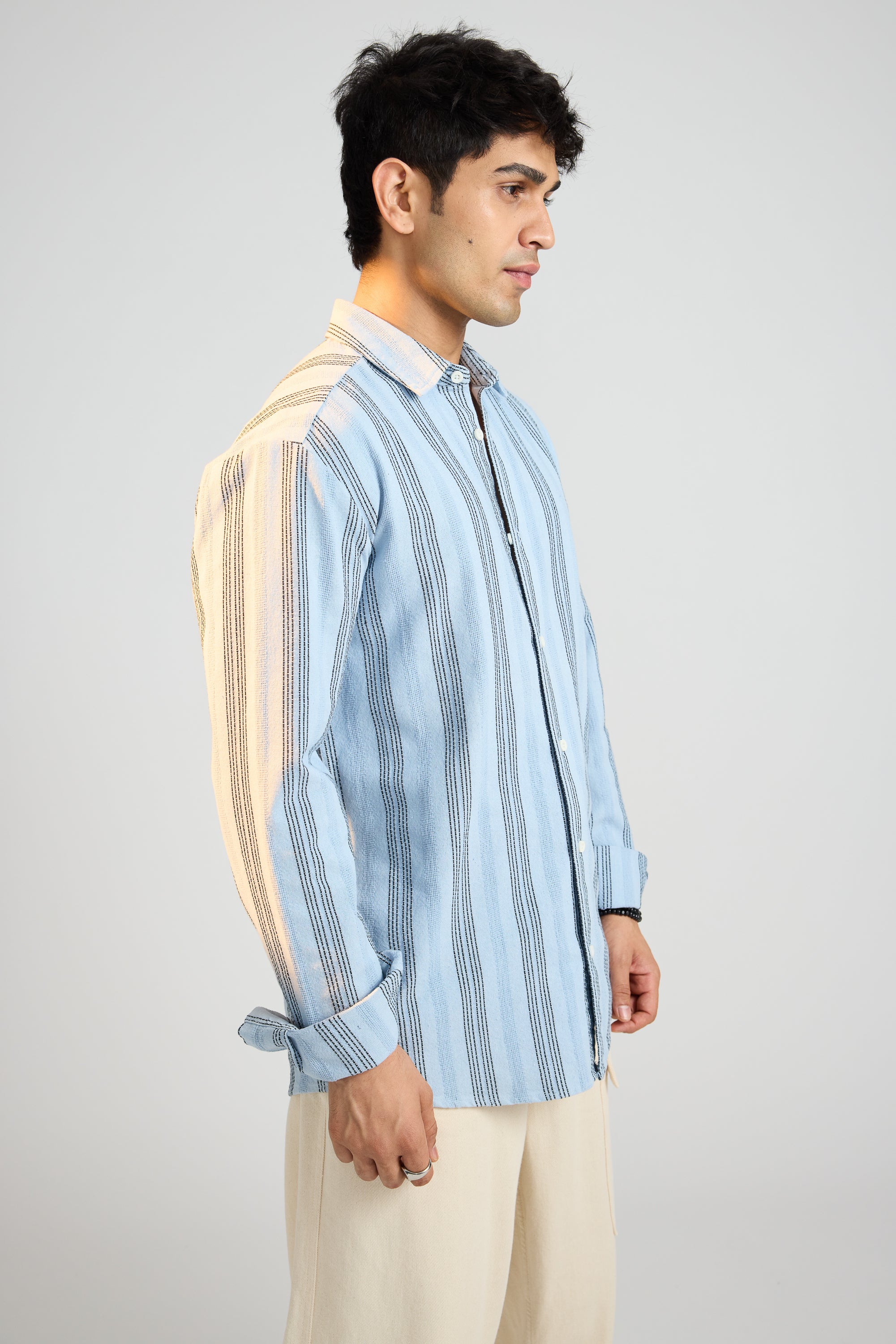 Textured Knit Men's Full Sleeves Shirt-Blue/White Stripes