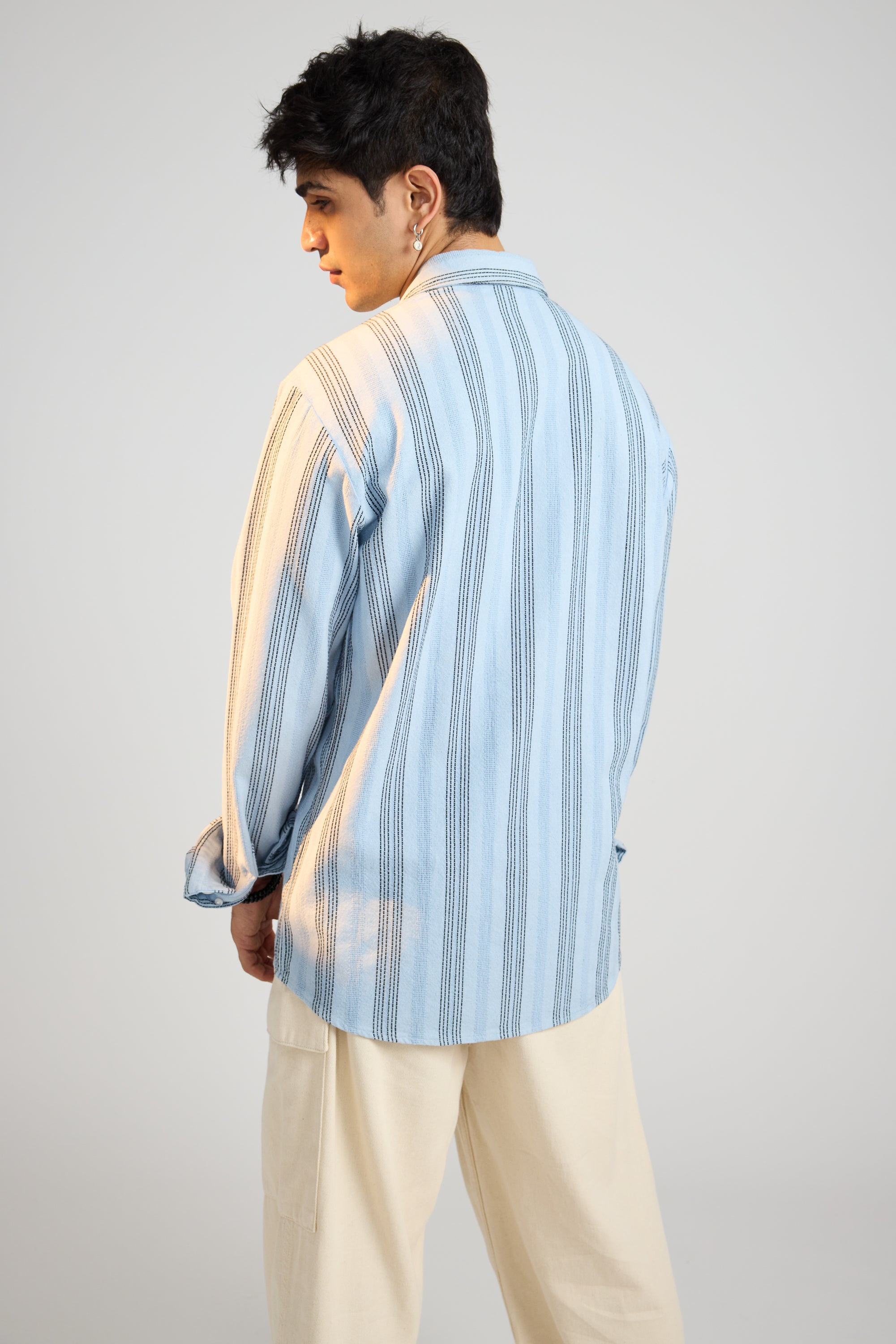 Textured Knit Men's Full Sleeves Shirt-Blue/White Stripes