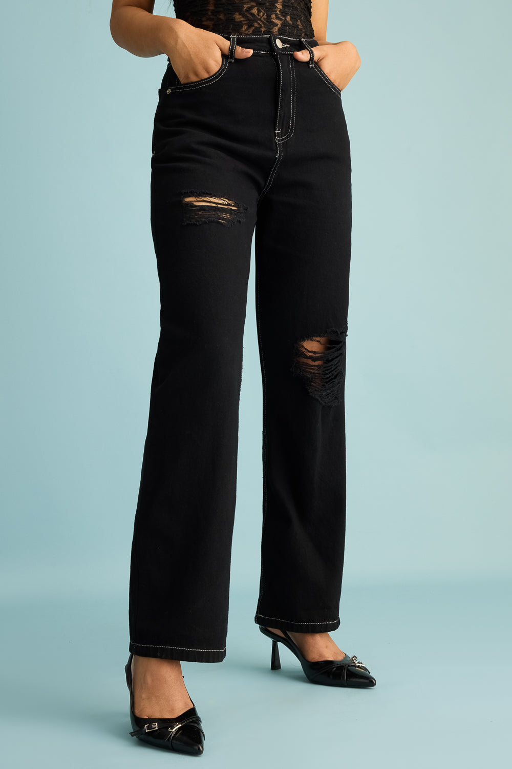 Ebony Distress Women's Straight Jeans
