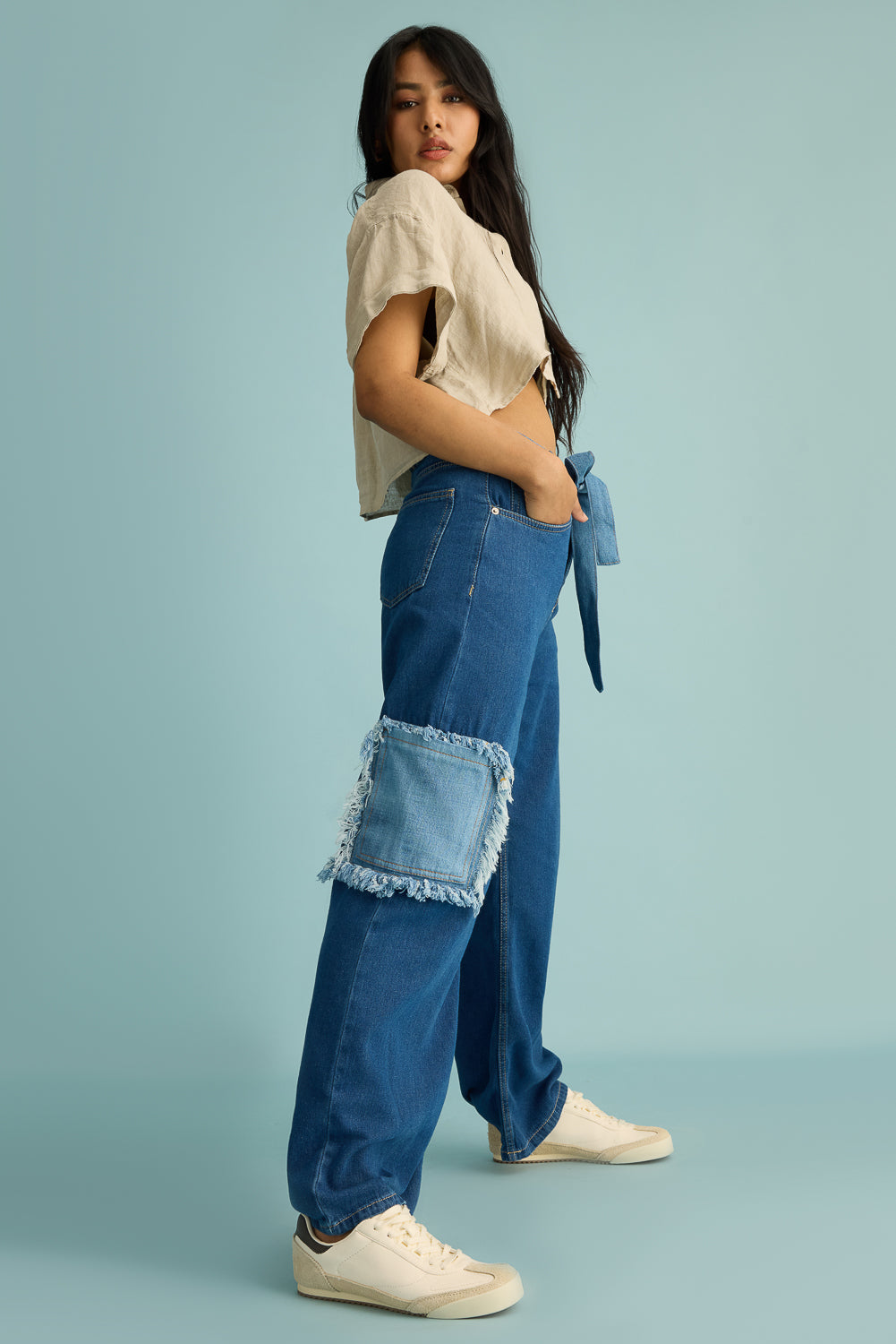 Tattered Patch Straight Cut Jeans