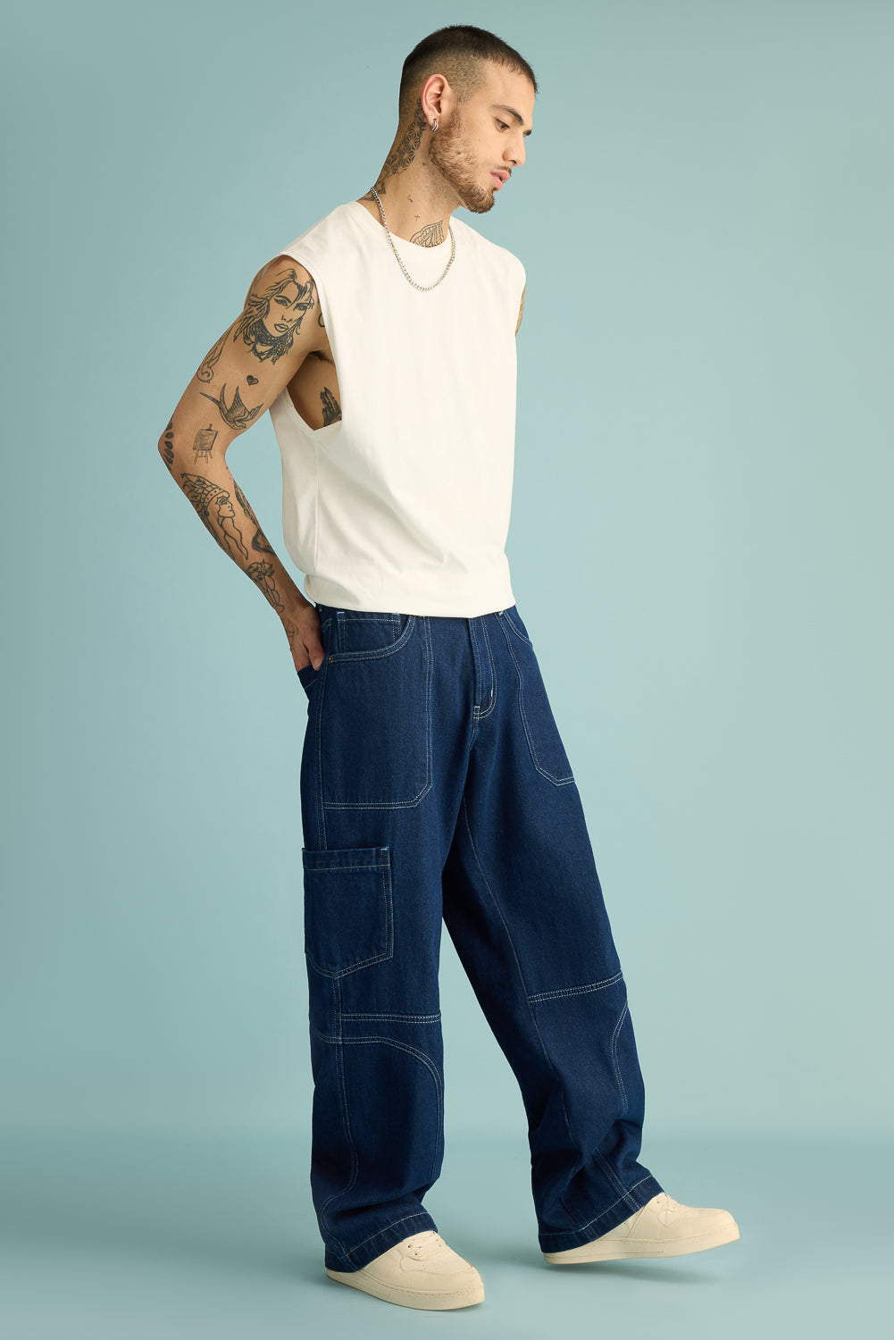 Ocean Contrast Seam Men's Baggy Straight Cargo Jeans