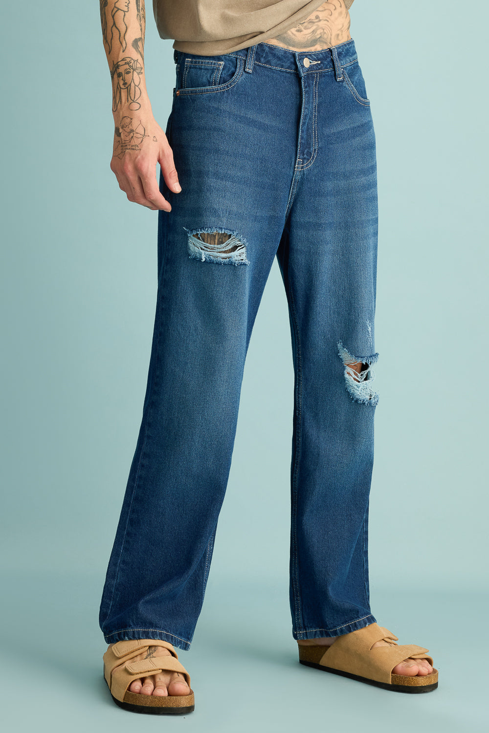 Cobalt Blue Distressed Men's Straight Jeans