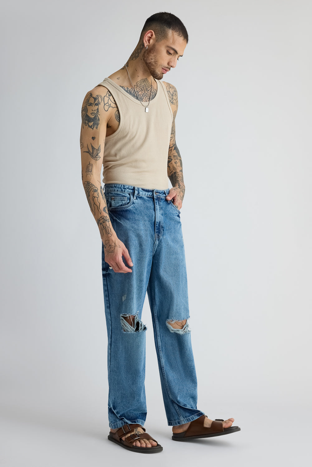 Mid Blue Ripped Men's Straight Jeans