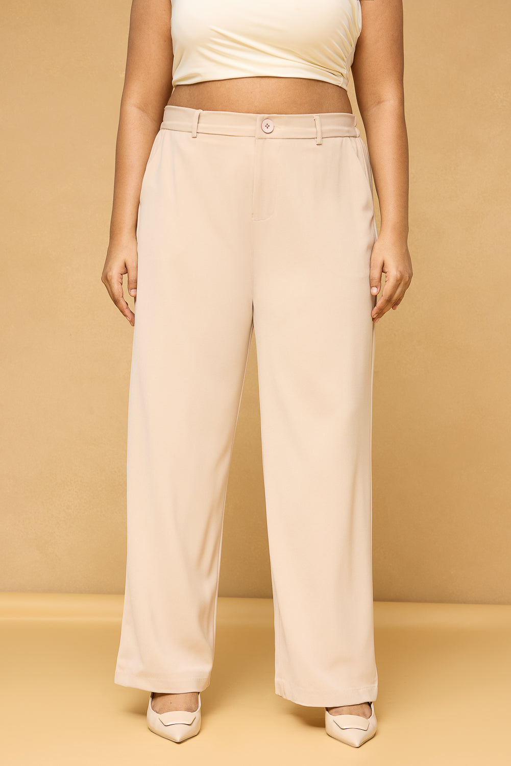 Curve Sand Beige Sleek Korean Pants