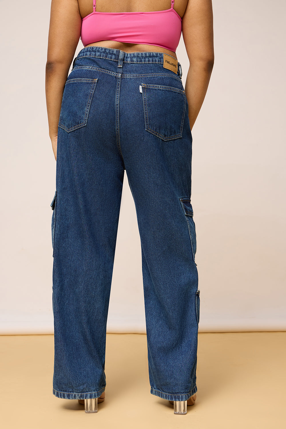 Curved Blue Denim Cargo Jeans