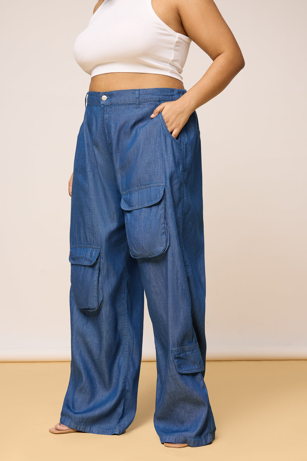 Curve Mid Blue Elastic Waist Cargo Denim Jeans