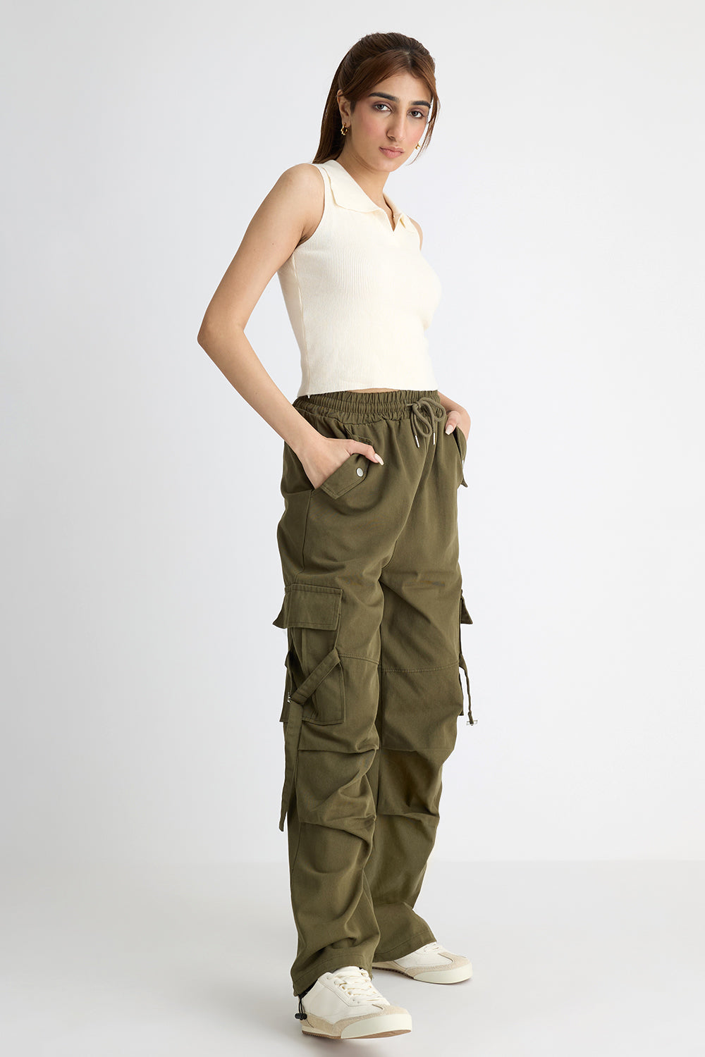 Calsunbaby Women Casual Cargo Pants Adults Female Loose Solid Color Zipper  Trousers with Pockets