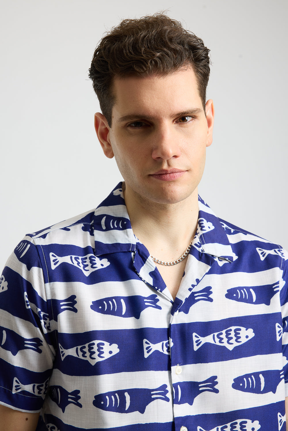 Blue Fish Print Men s Resort Shirt