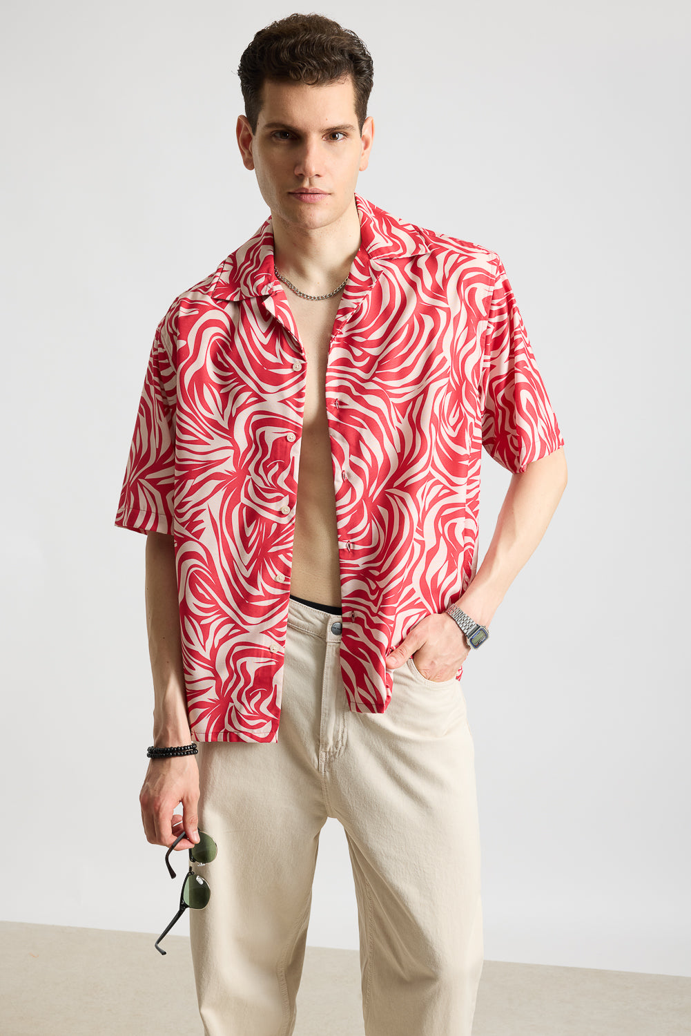 Pink & Beige Zebra Printed Men's Resort Shirt
