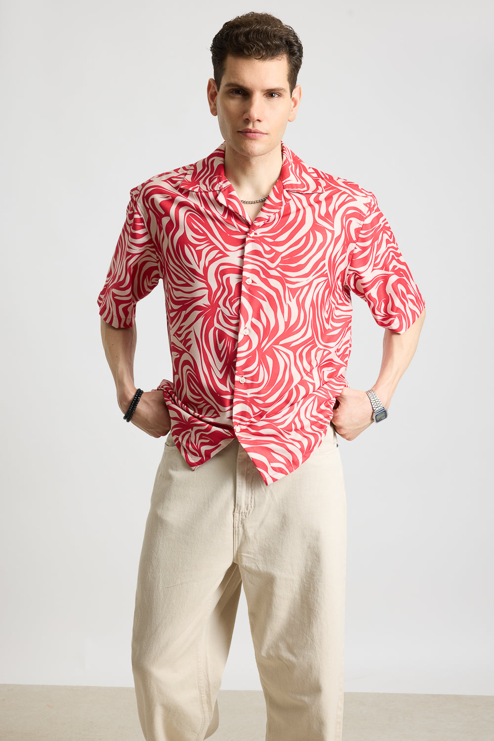 Pink & Beige Zebra Printed Men's Resort Shirt