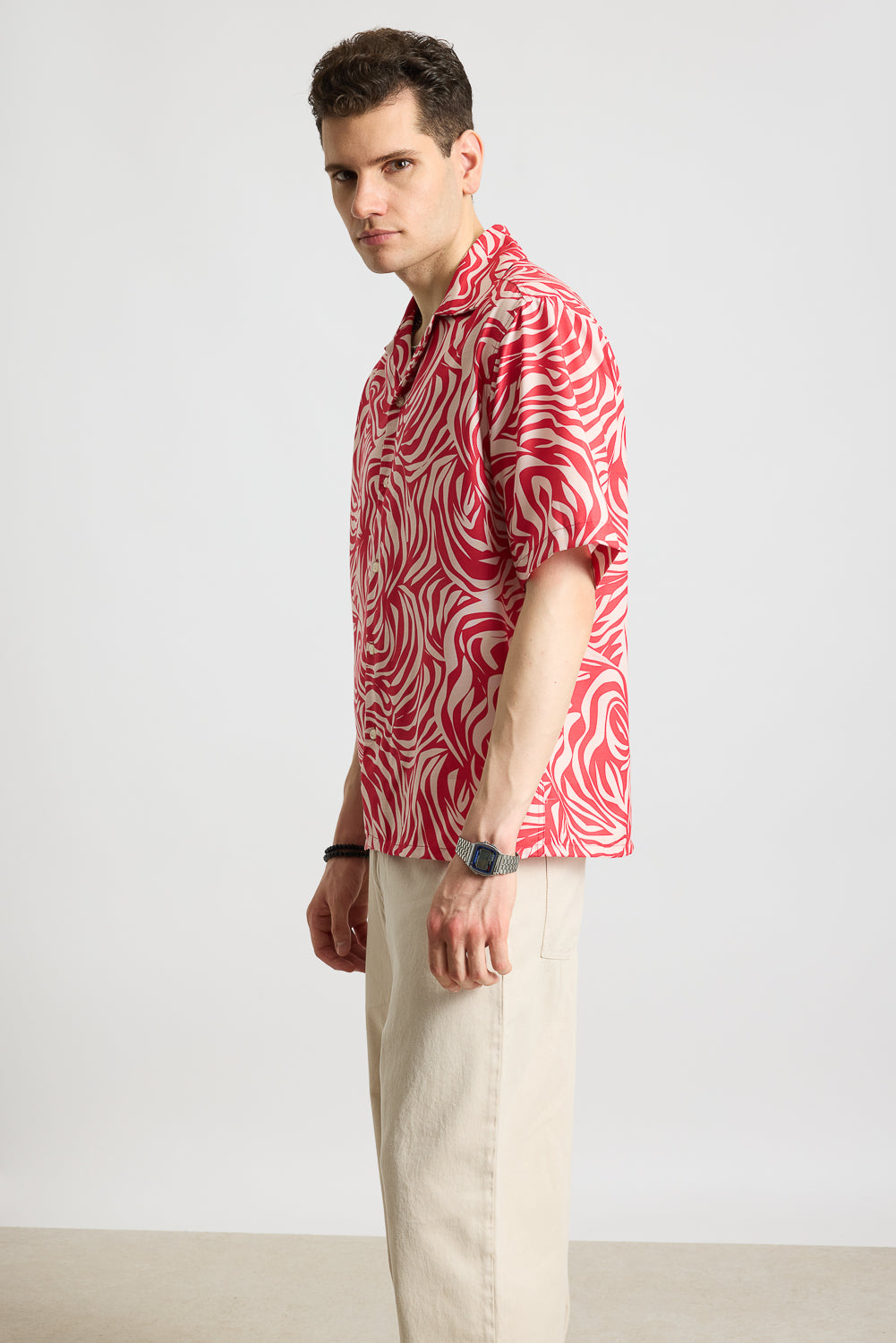 Pink & Beige Zebra Printed Men's Resort Shirt