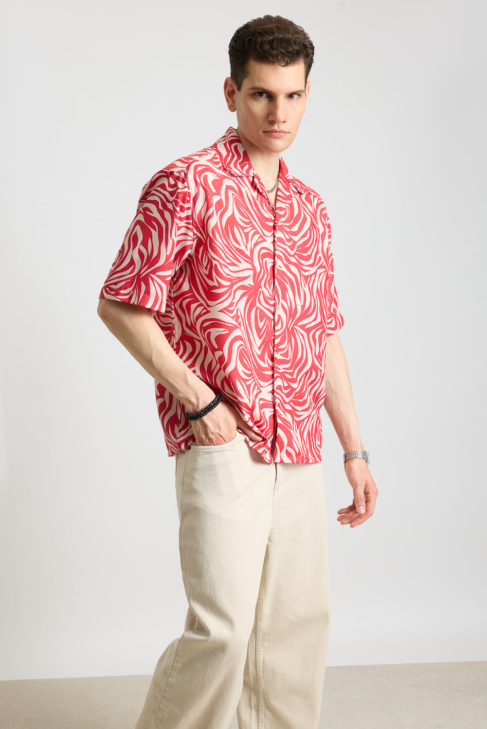 Pink & Beige Zebra Printed Men's Resort Shirt