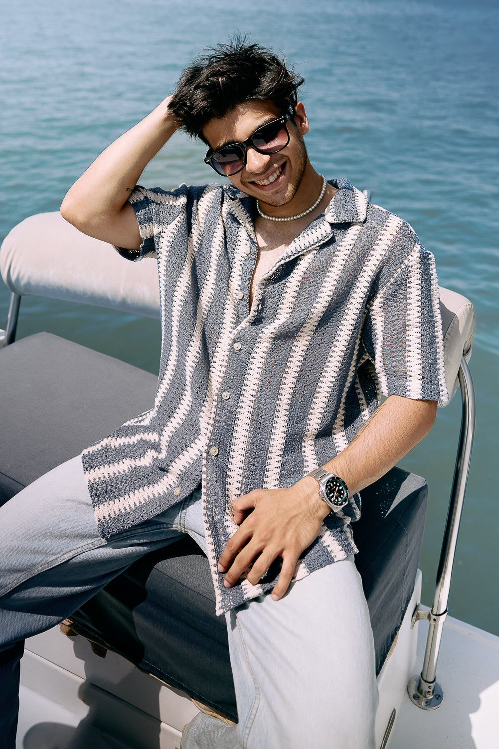 Textured Crochet Men's Shirt - Blue/White Bands