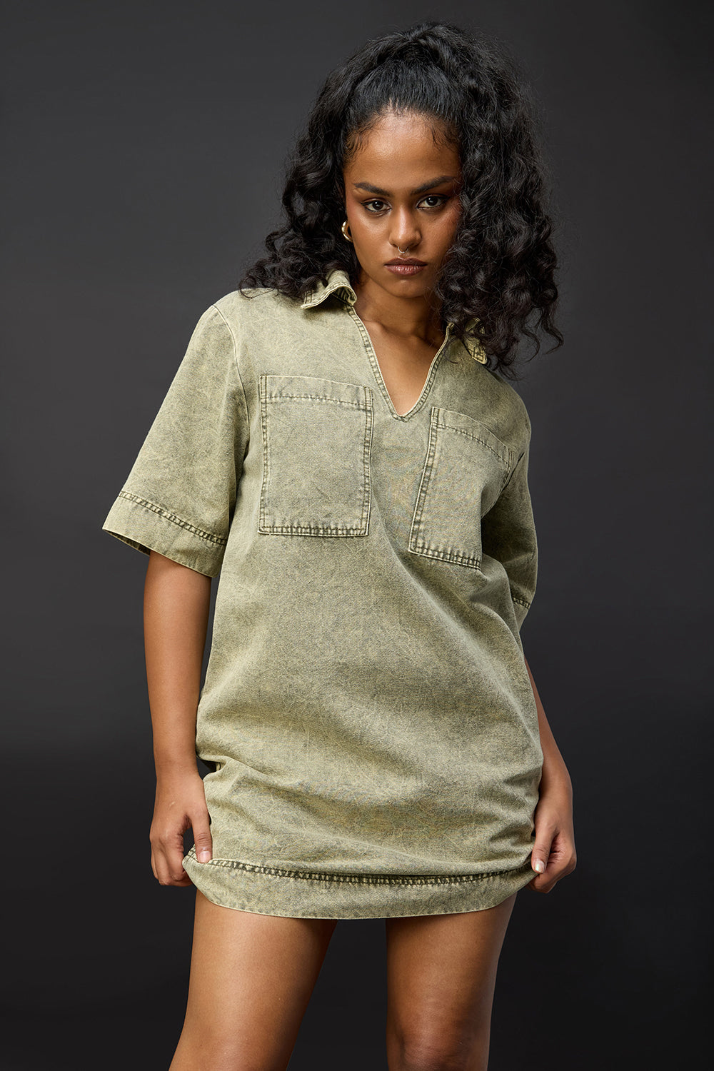 Dusky Green Denim Boxy Shirt Dress