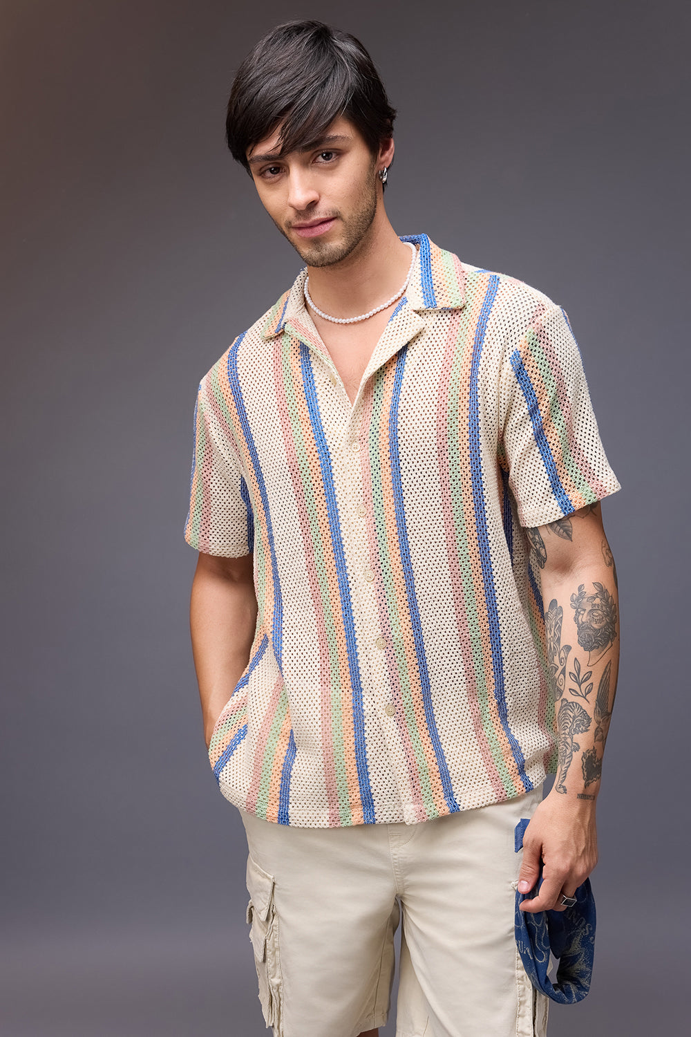 Textured Crochet Men's Shirt- Multicolor Bands