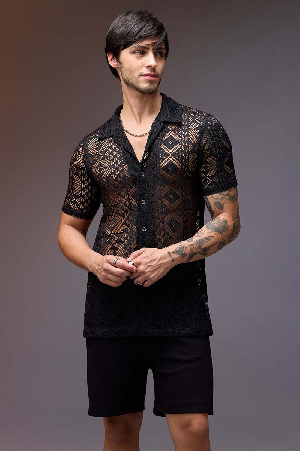 Textured Crochet Men's Shirt- Black