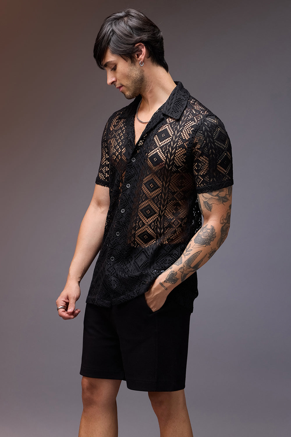 Textured Crochet Men's Shirt- Black