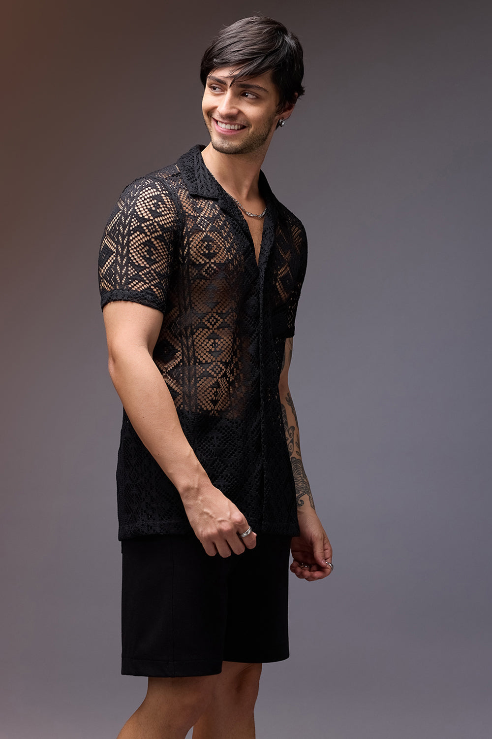 Textured Crochet Men's Shirt- Black