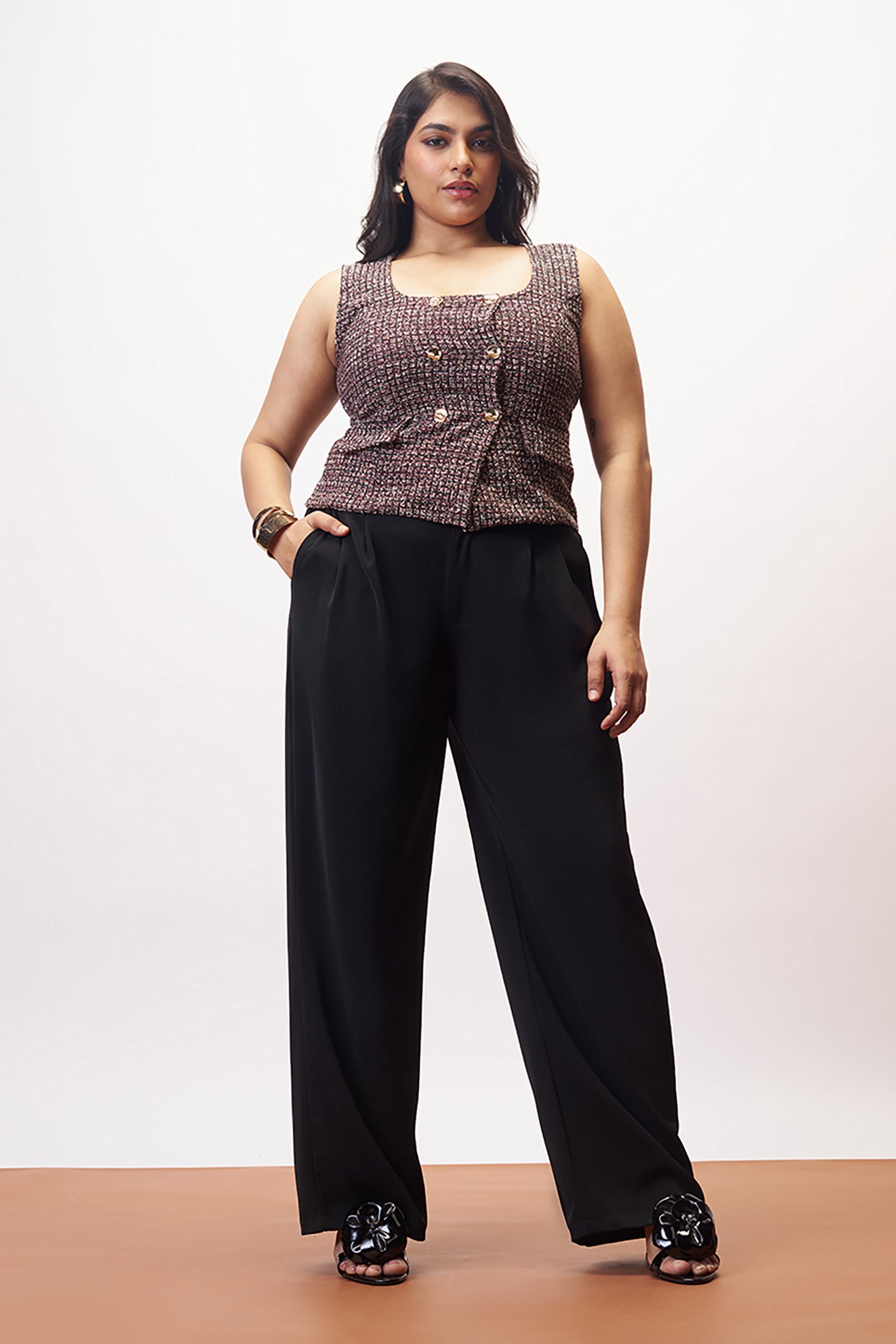 Curve Pure Black Pleated Straight Korean Pants