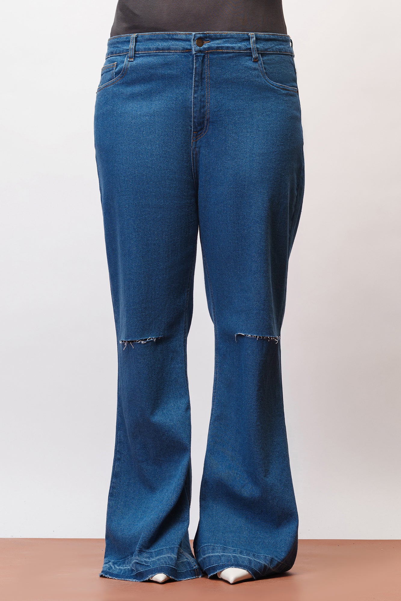 Electric Blue Distressed Curve Bootcut Jeans