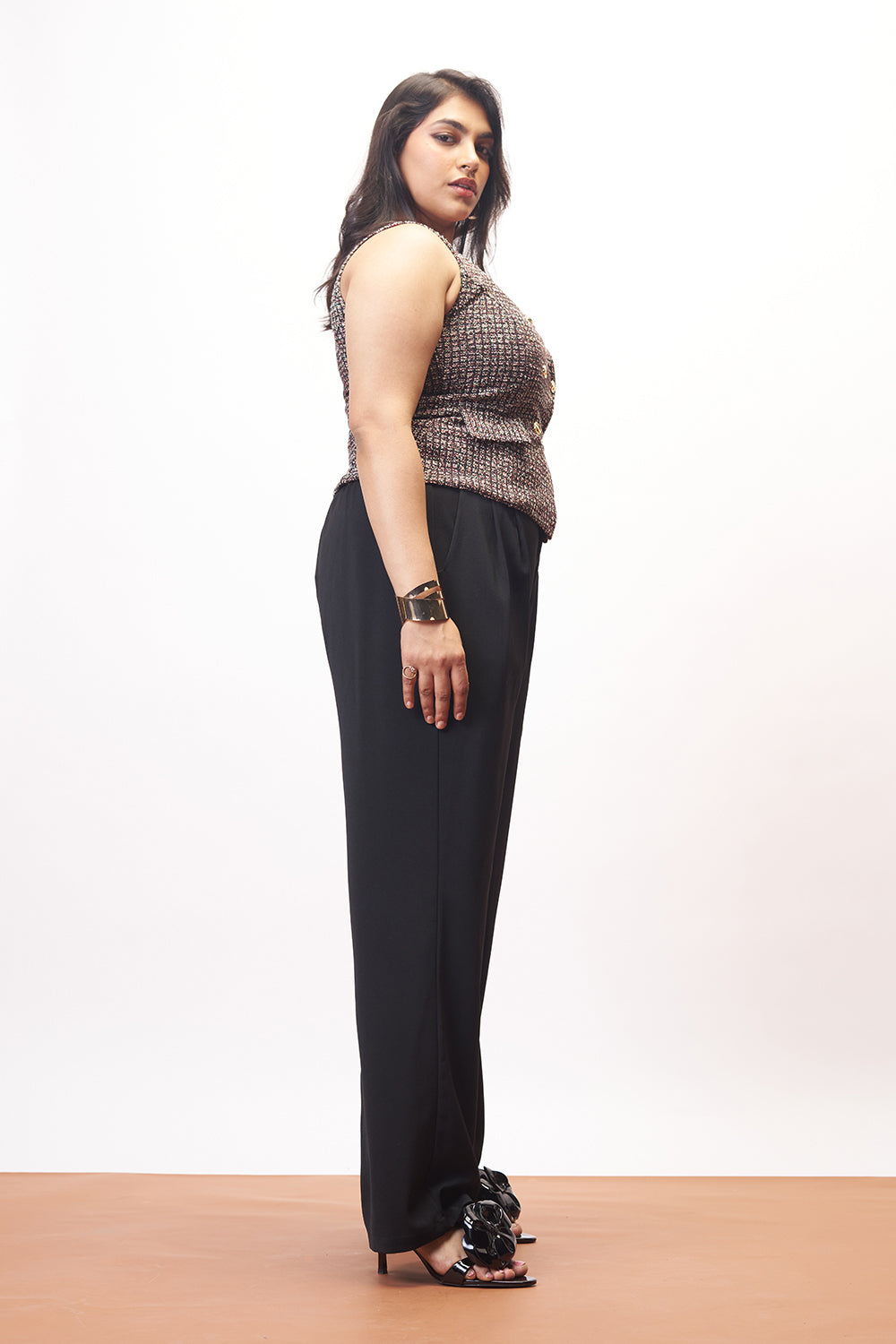 Pure Black Curve Pleated Korean Pants