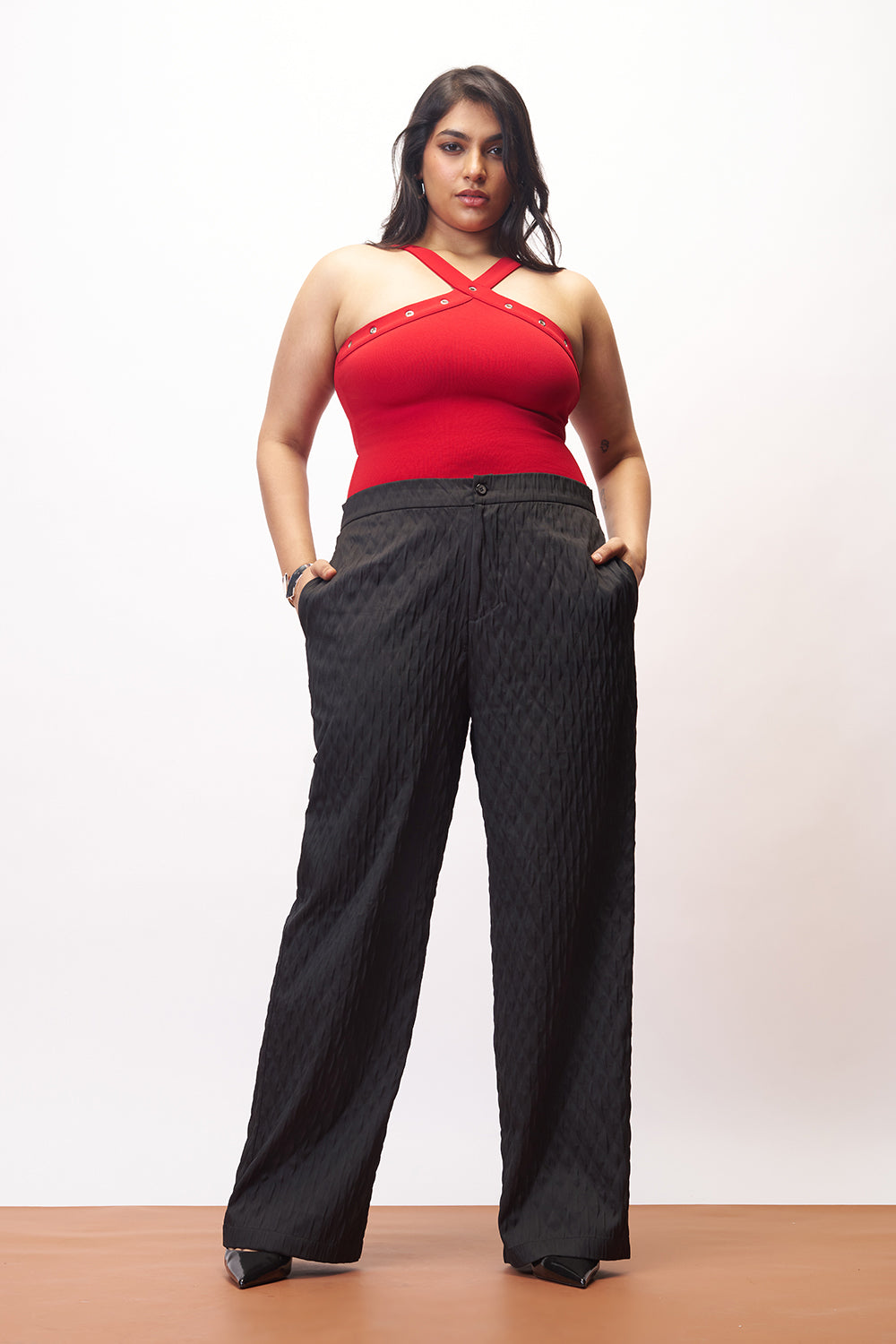 Raven Black Curve Textured Korean Pants