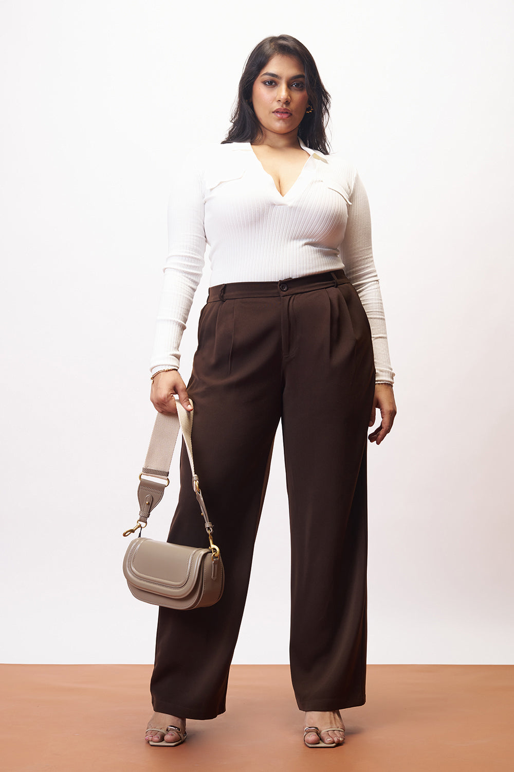 Bean Brown Curve Pleated Straight Korean Pants