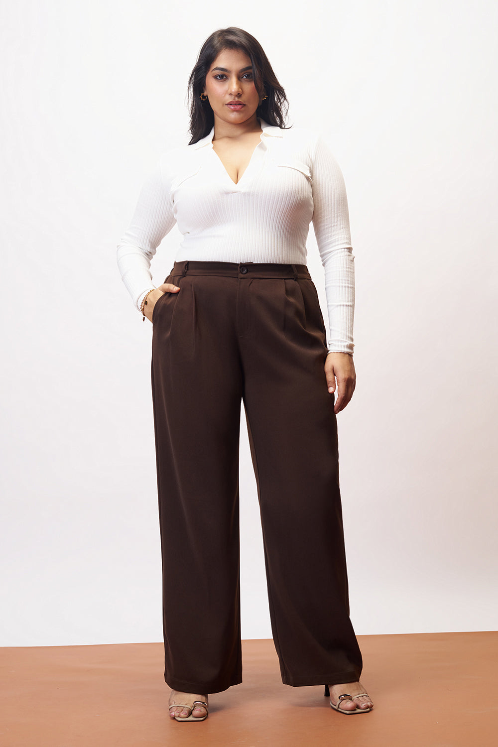 Bean Brown Curve Pleated Straight Korean Pants